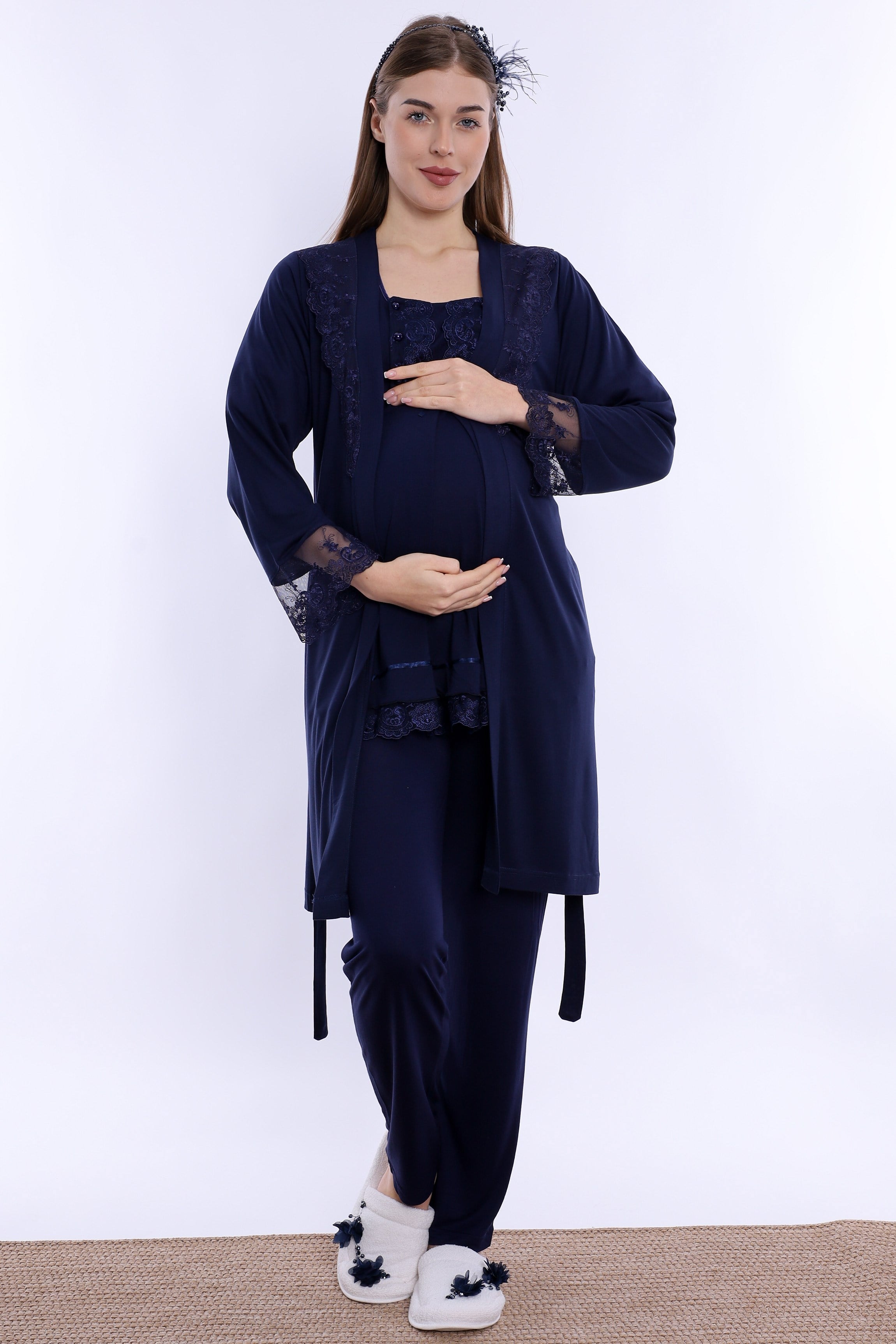 260342 Ayarlanabilir Bel Lastikli Sabahlıklı Hamile Lohusa Pijama Takımı  - Lacivert