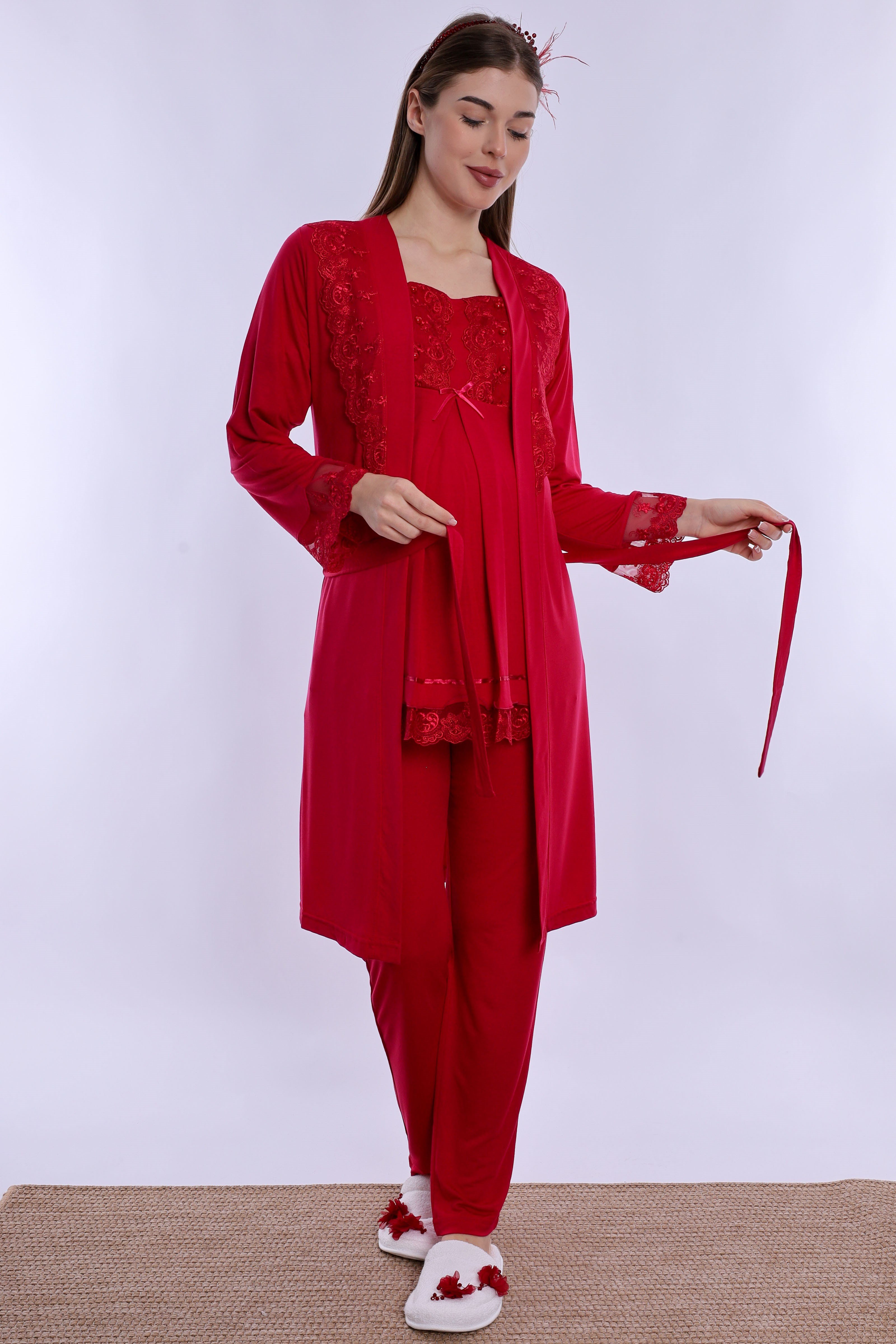 260342 Ayarlanabilir Bel Lastikli Sabahlıklı Hamile Lohusa Pijama Takımı  - Vişne