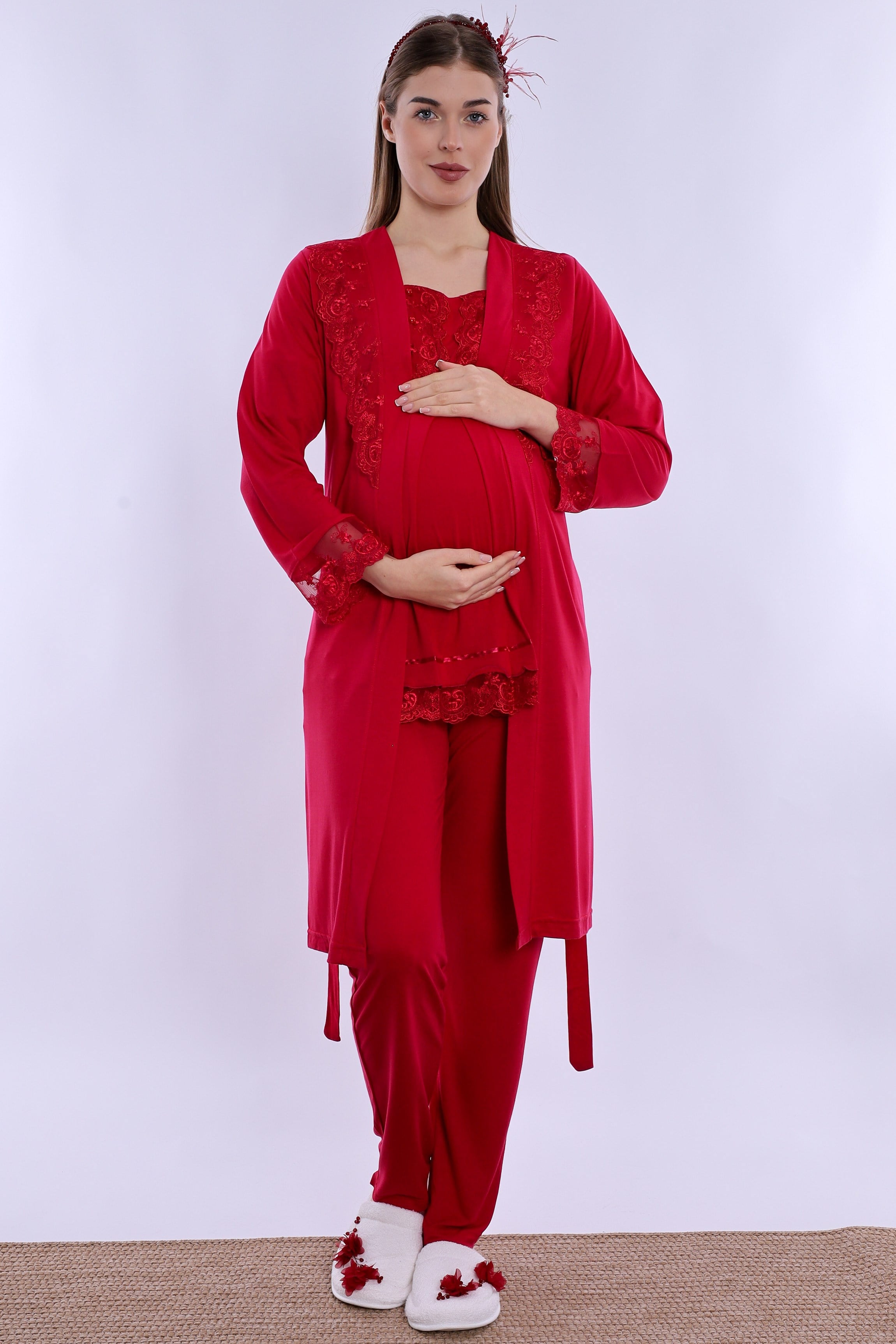 260342 Ayarlanabilir Bel Lastikli Sabahlıklı Hamile Lohusa Pijama Takımı  - Vişne