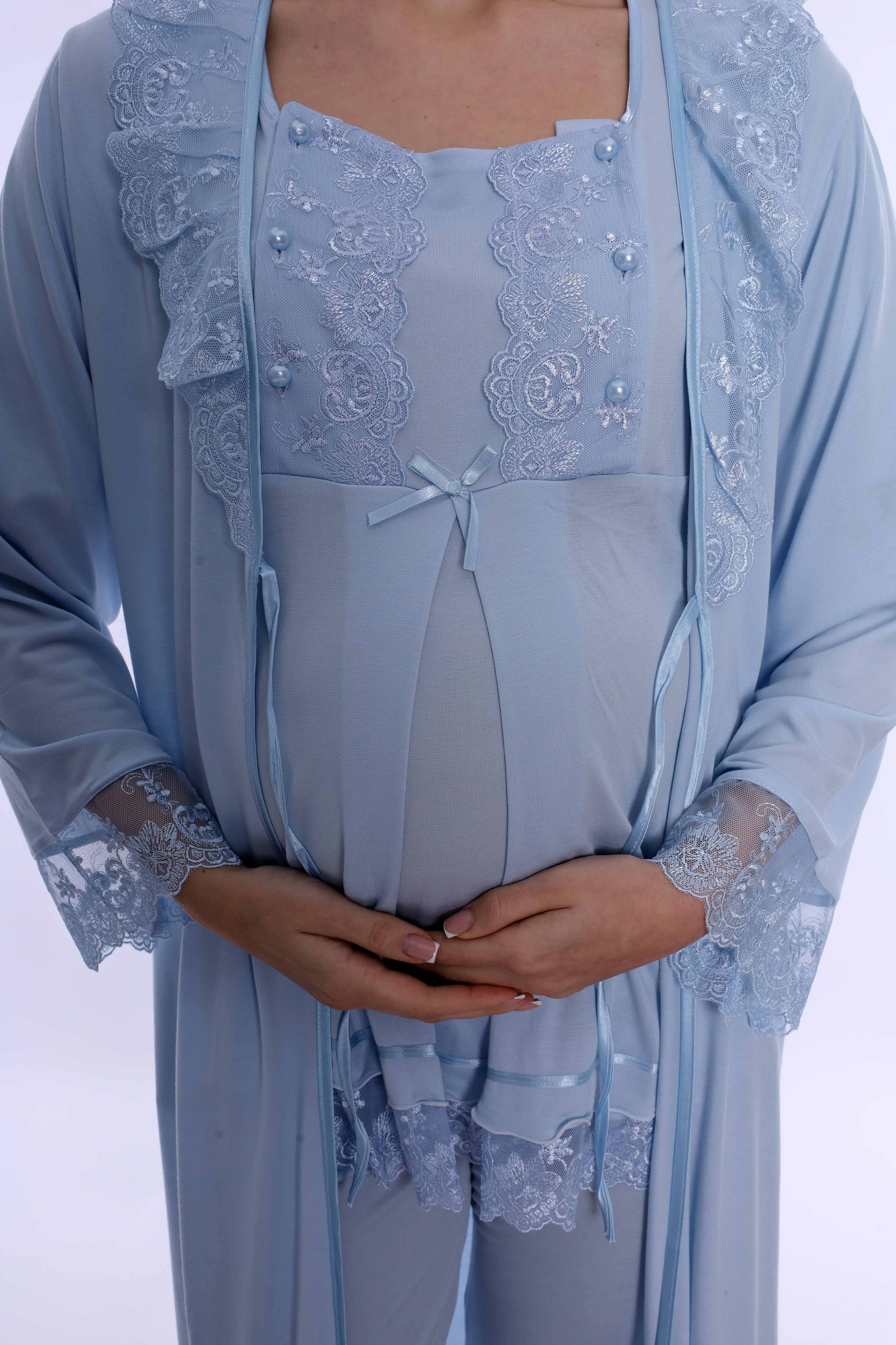 260372 Pamuklu Uzun Sabahlıklı Hamile Lohusa Emzirme Pijama Takımı  - Mavi
