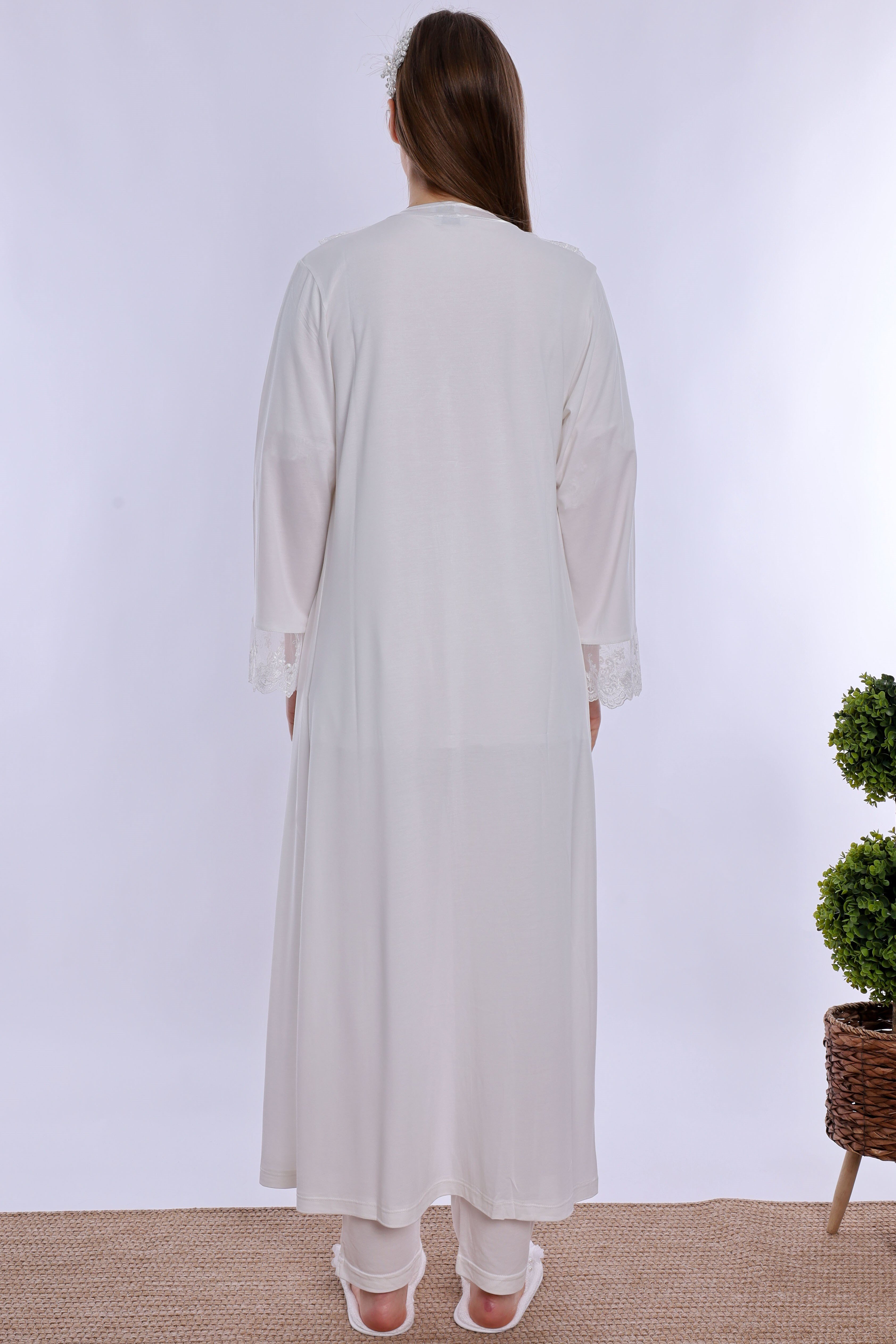 260372 Pamuklu Uzun Sabahlıklı Hamile Lohusa Emzirme Pijama Takımı  - Ekru