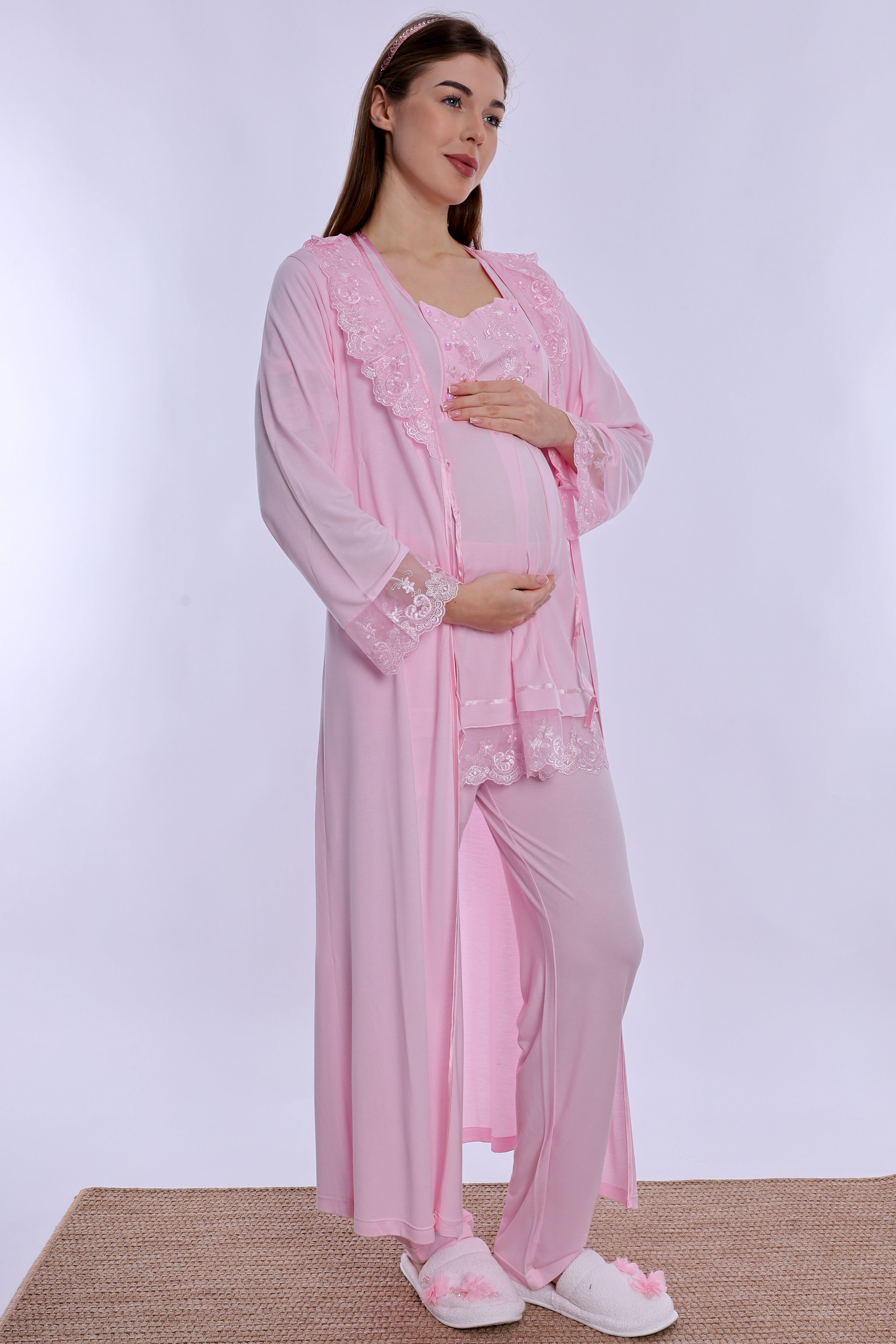 260372 Pamuklu Uzun Sabahlıklı Hamile Lohusa Emzirme Pijama Takımı  - Pembe