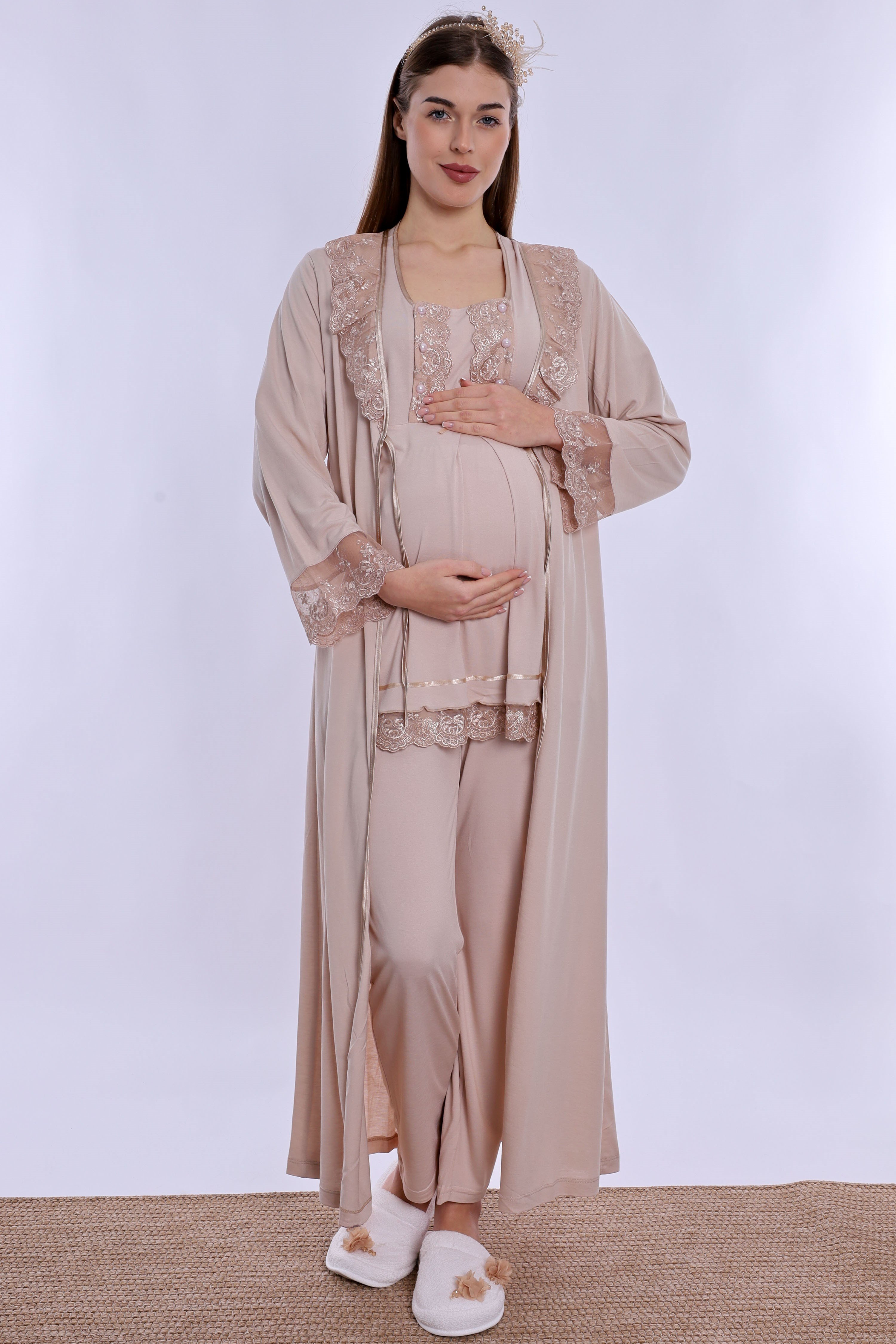 260372 Pamuklu Uzun Sabahlıklı Hamile Lohusa Emzirme Pijama Takımı  - Bej