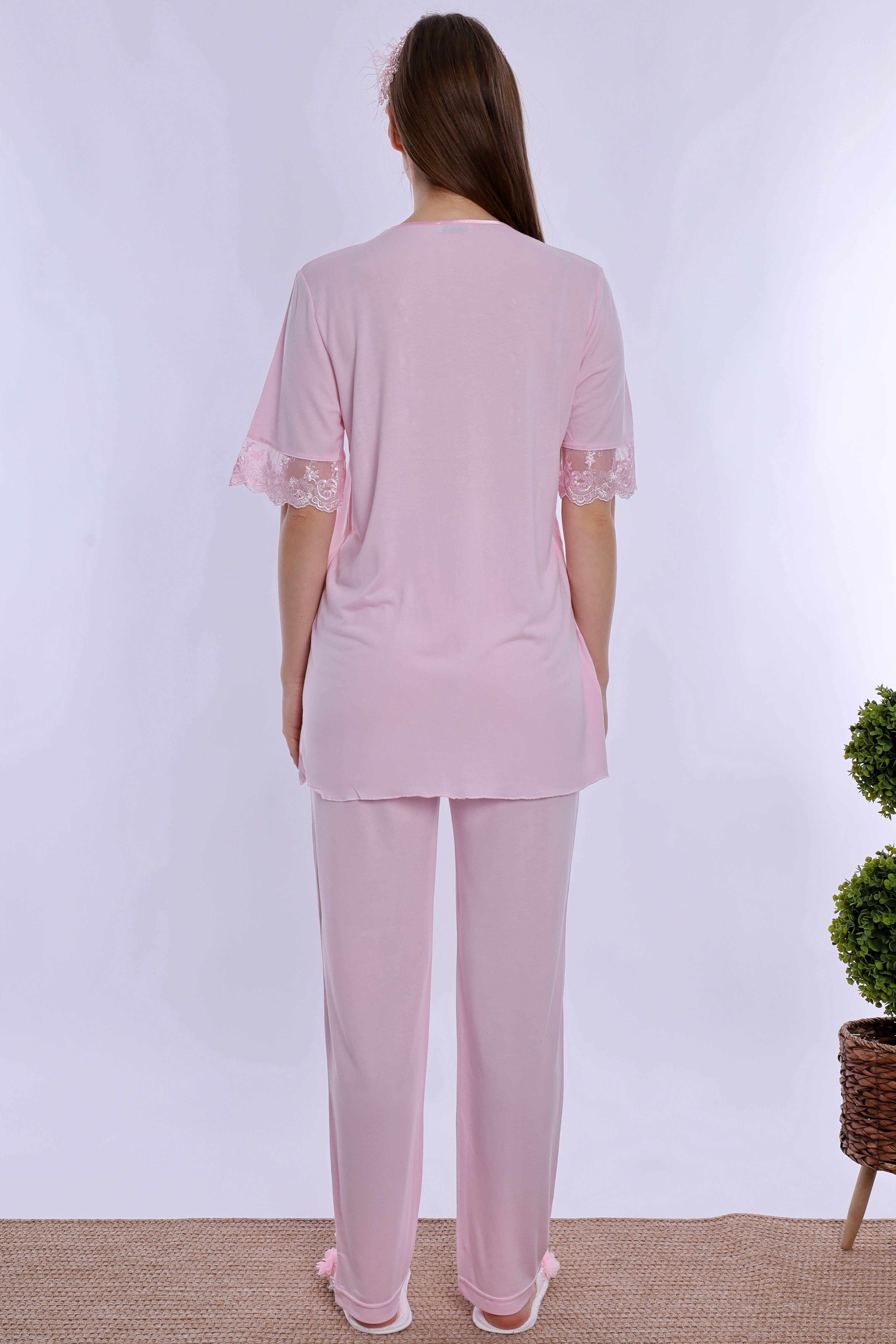 260372 Pamuklu Uzun Sabahlıklı Hamile Lohusa Emzirme Pijama Takımı  - Pembe