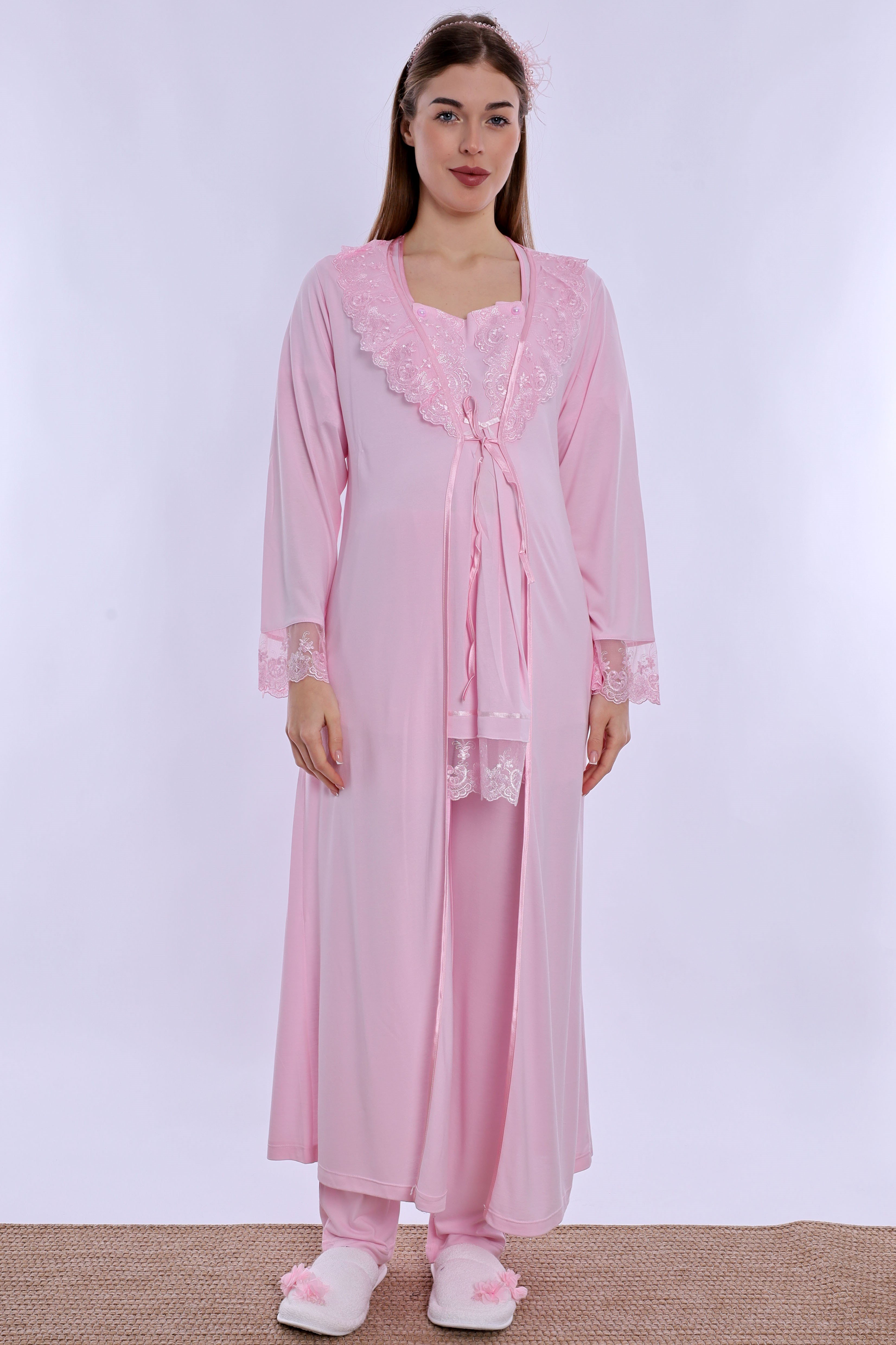 260372 Pamuklu Uzun Sabahlıklı Hamile Lohusa Emzirme Pijama Takımı  - Pembe