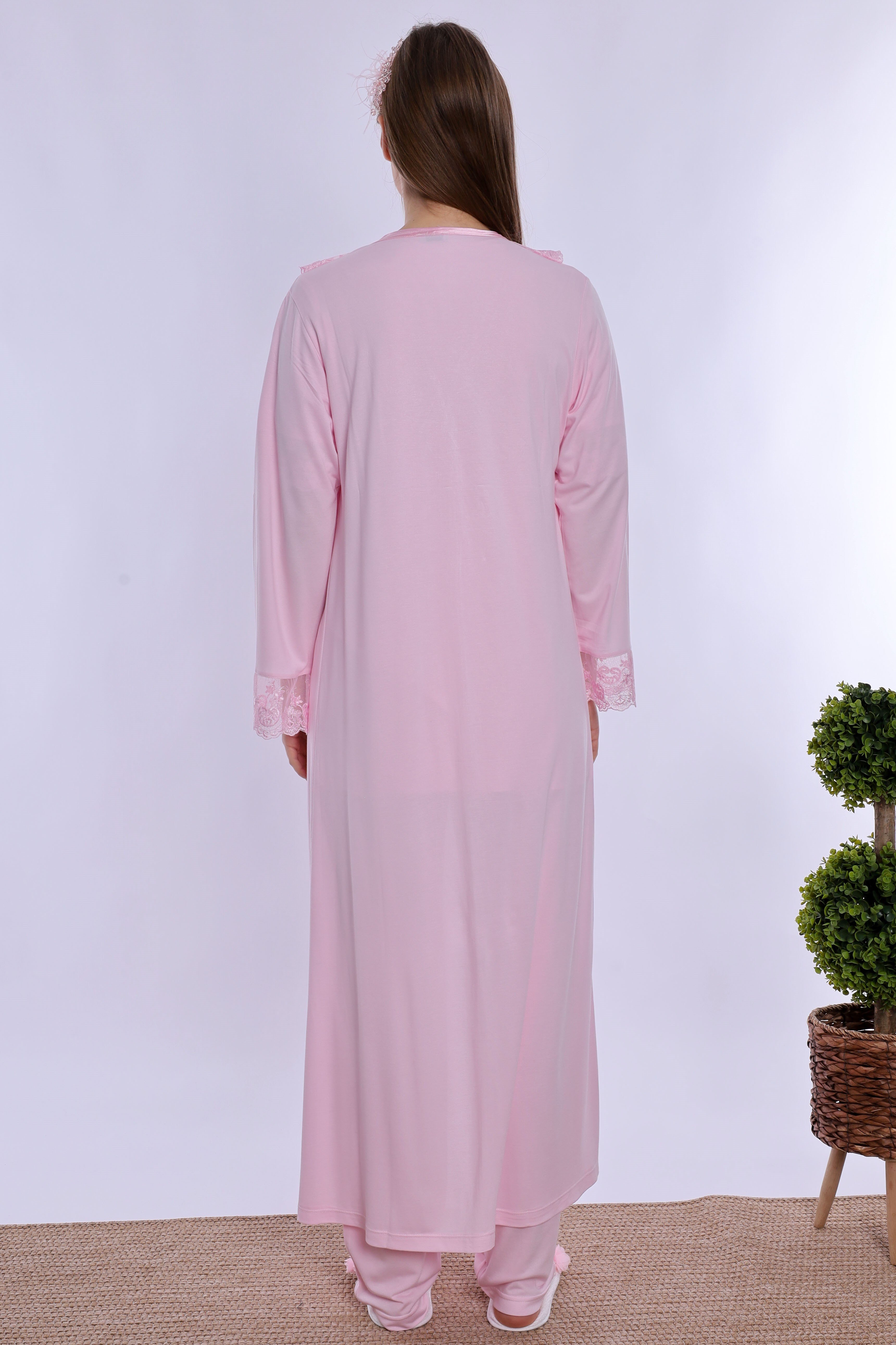 260372 Pamuklu Uzun Sabahlıklı Hamile Lohusa Emzirme Pijama Takımı  - Pembe