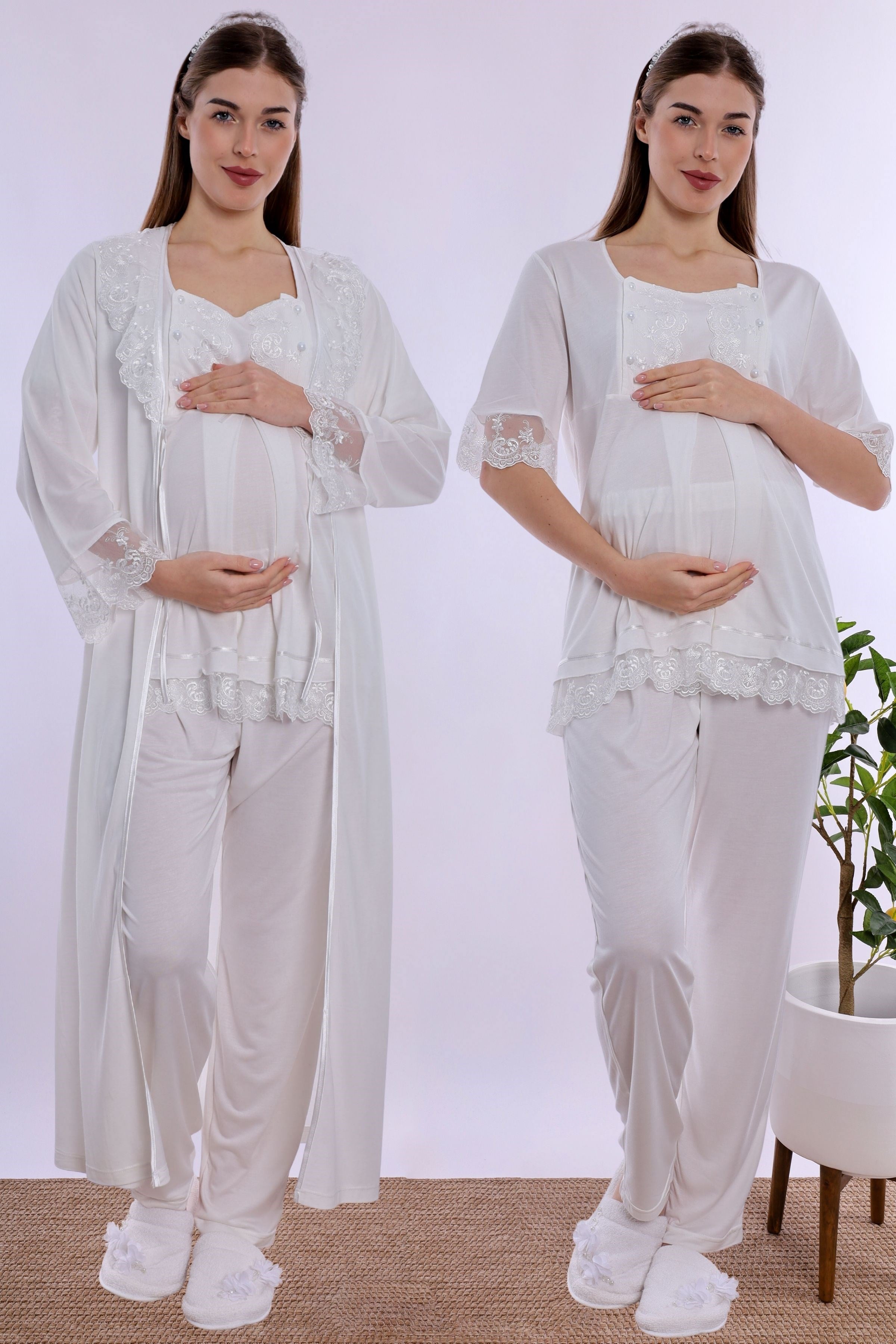 260372 Pamuklu Uzun Sabahlıklı Hamile Lohusa Emzirme Pijama Takımı  - Ekru