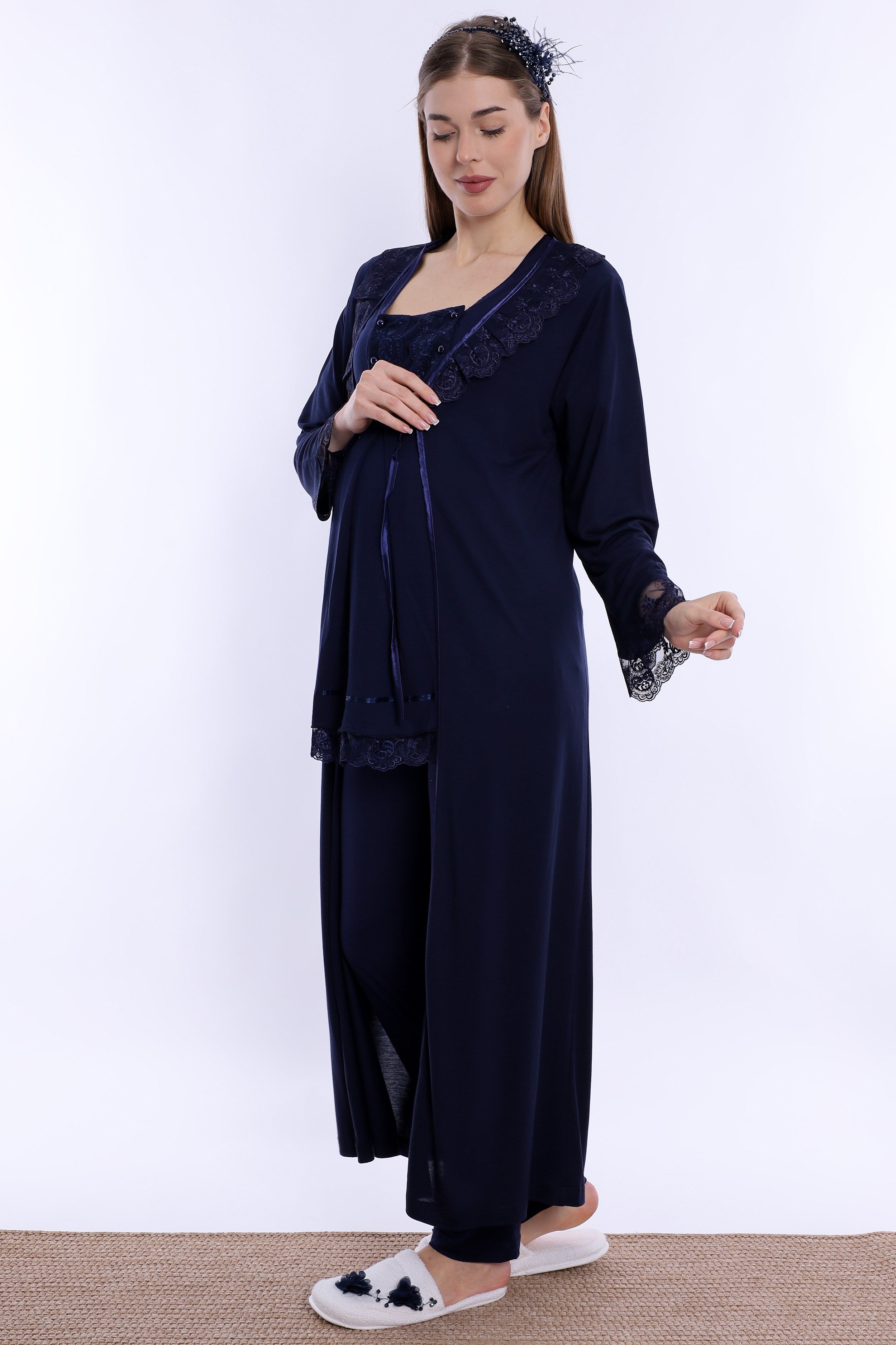 260372 Pamuklu Uzun Sabahlıklı Hamile Lohusa Emzirme Pijama Takımı  - Lacivert
