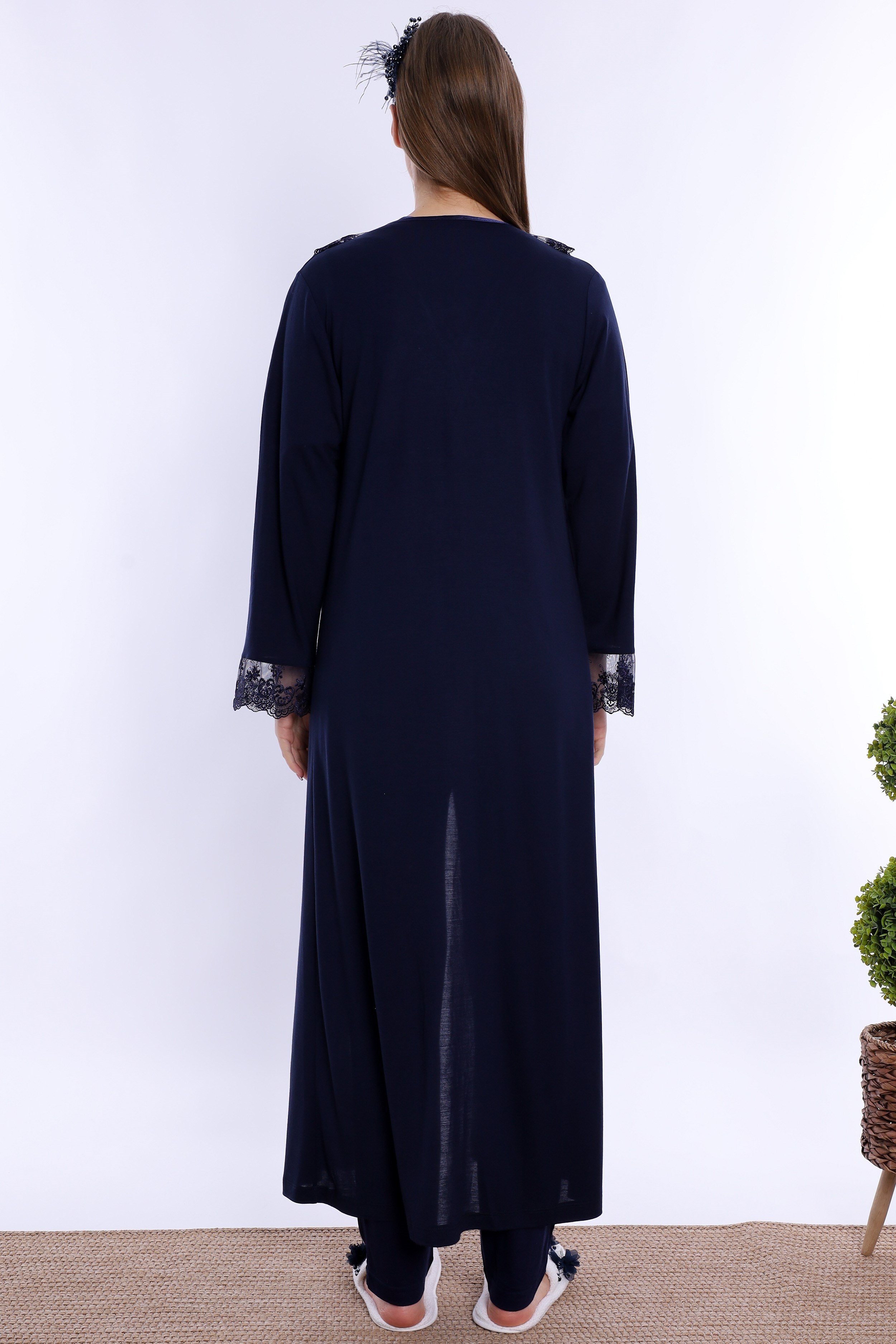 260372 Pamuklu Uzun Sabahlıklı Hamile Lohusa Emzirme Pijama Takımı  - Lacivert