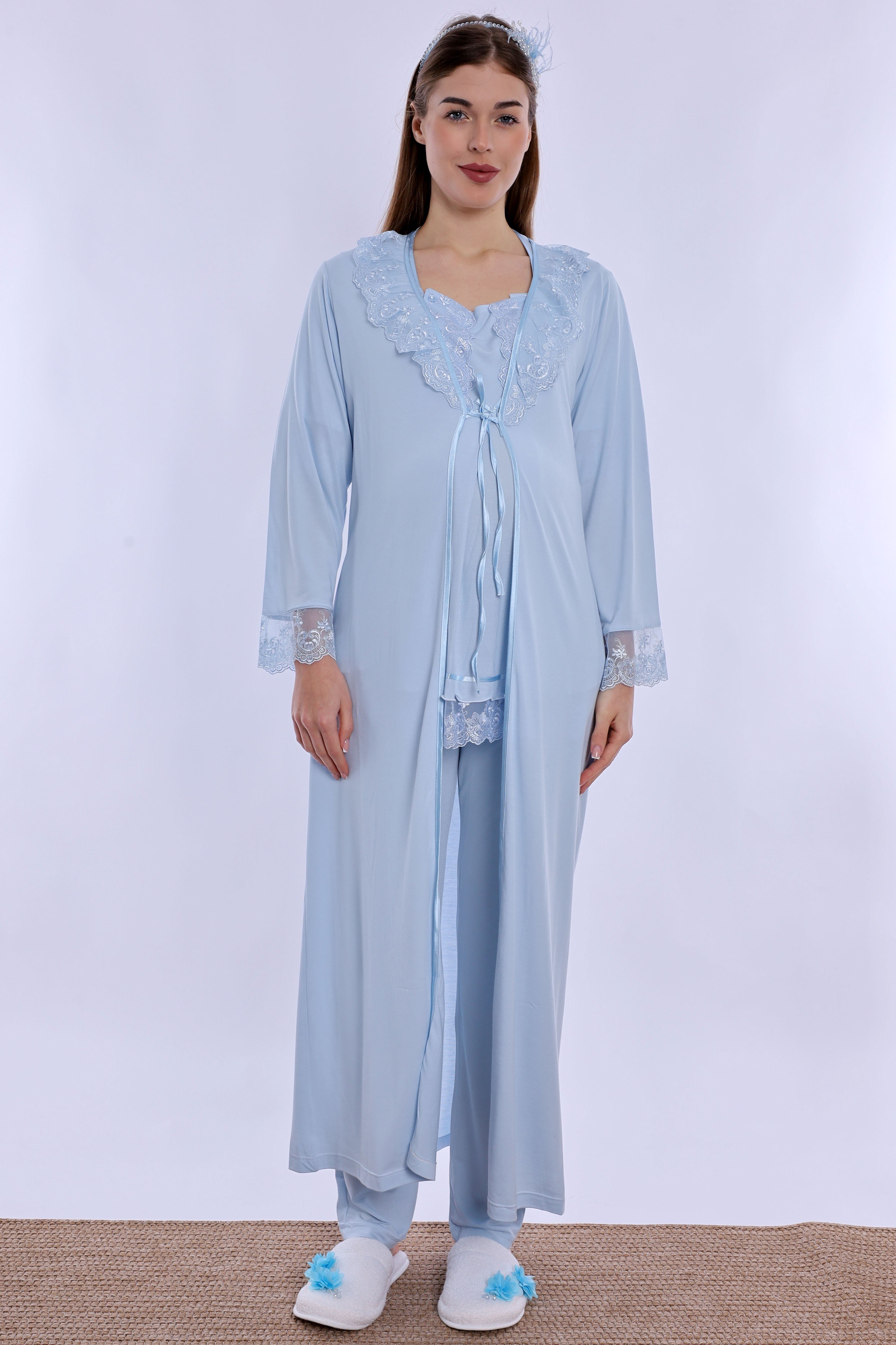 260372 Pamuklu Uzun Sabahlıklı Hamile Lohusa Emzirme Pijama Takımı  - Mavi