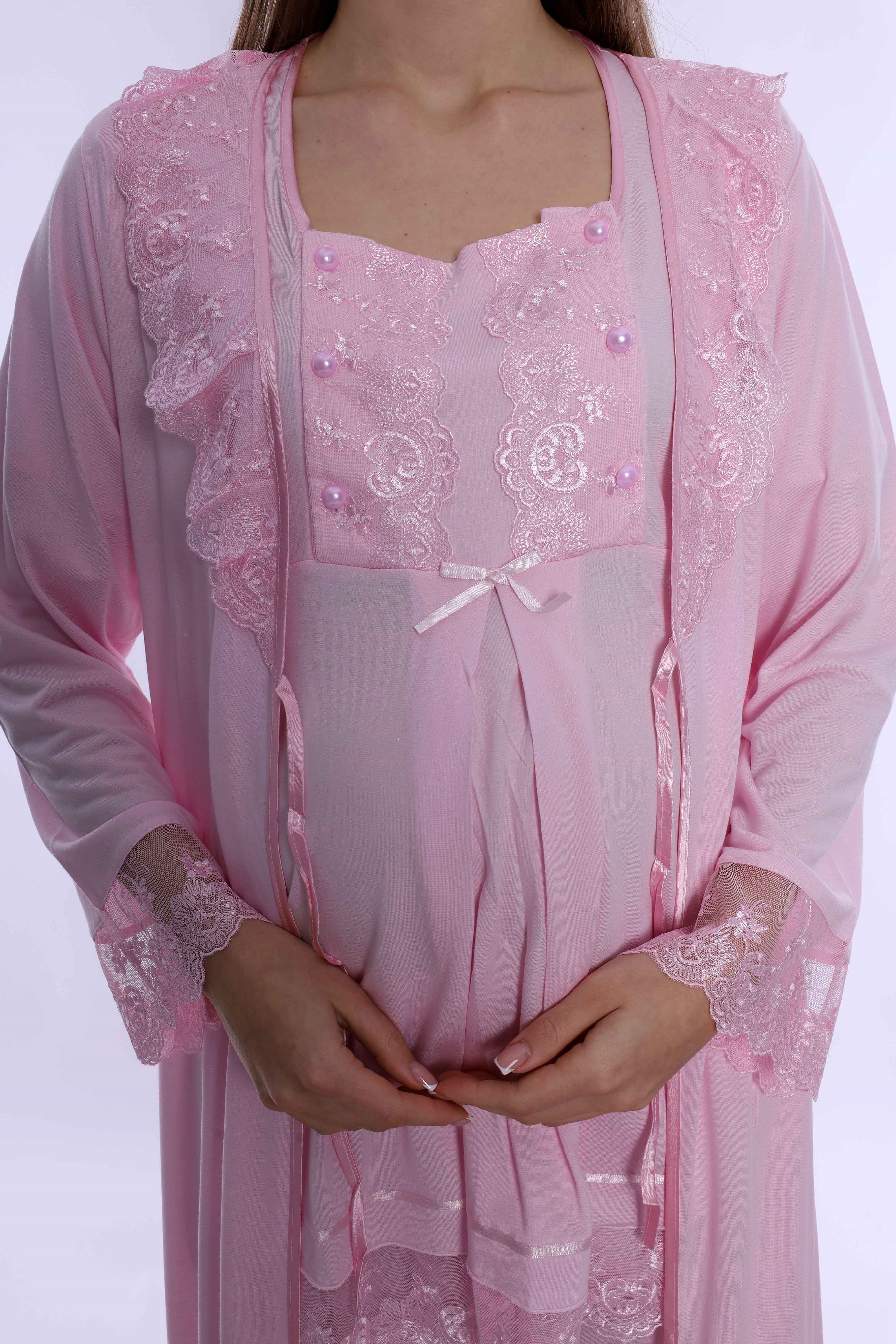 260372 Pamuklu Uzun Sabahlıklı Hamile Lohusa Emzirme Pijama Takımı  - Pembe