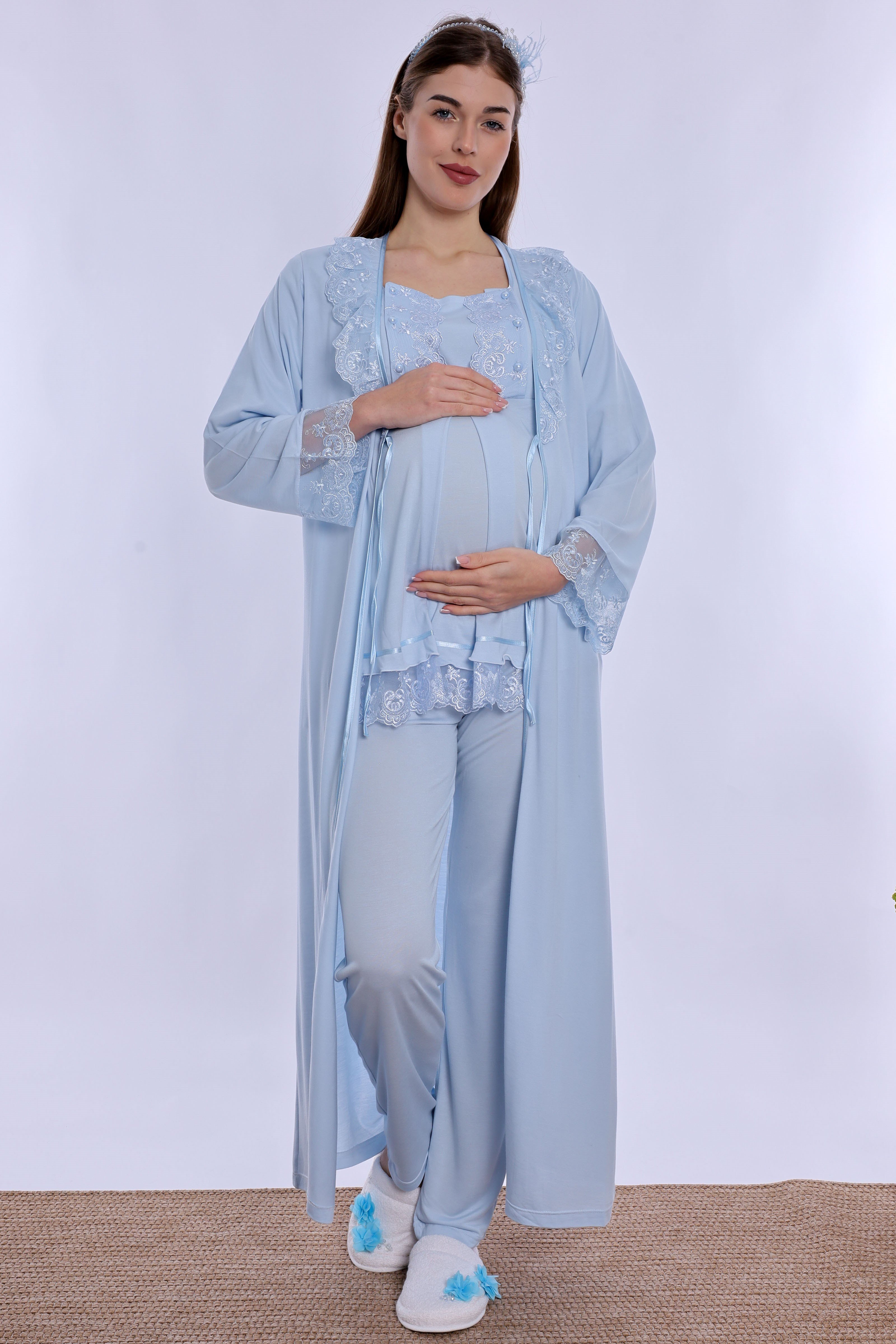 260372 Pamuklu Uzun Sabahlıklı Hamile Lohusa Emzirme Pijama Takımı  - Mavi