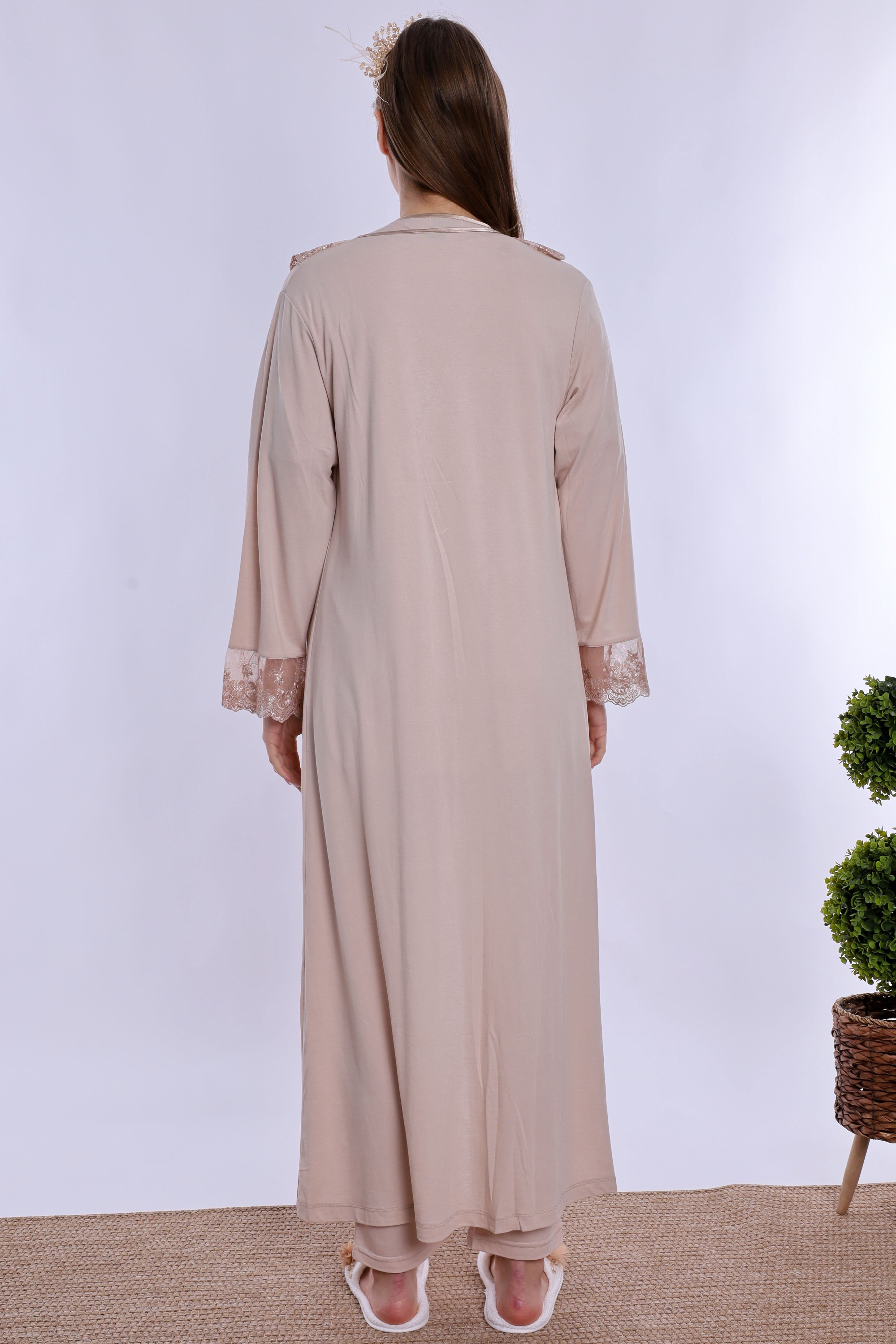 260372 Pamuklu Uzun Sabahlıklı Hamile Lohusa Emzirme Pijama Takımı  - Bej