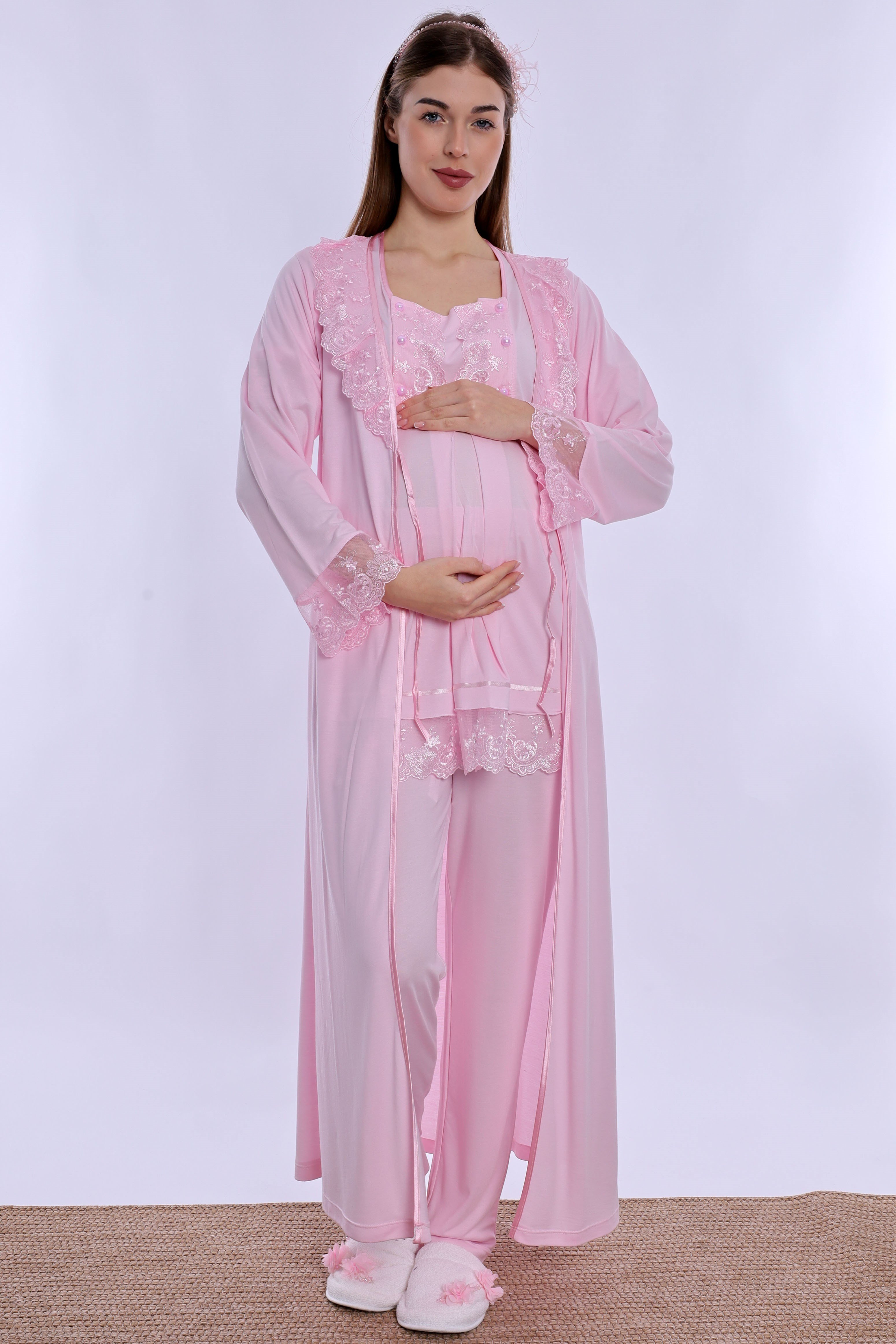 260372 Pamuklu Uzun Sabahlıklı Hamile Lohusa Emzirme Pijama Takımı  - Pembe