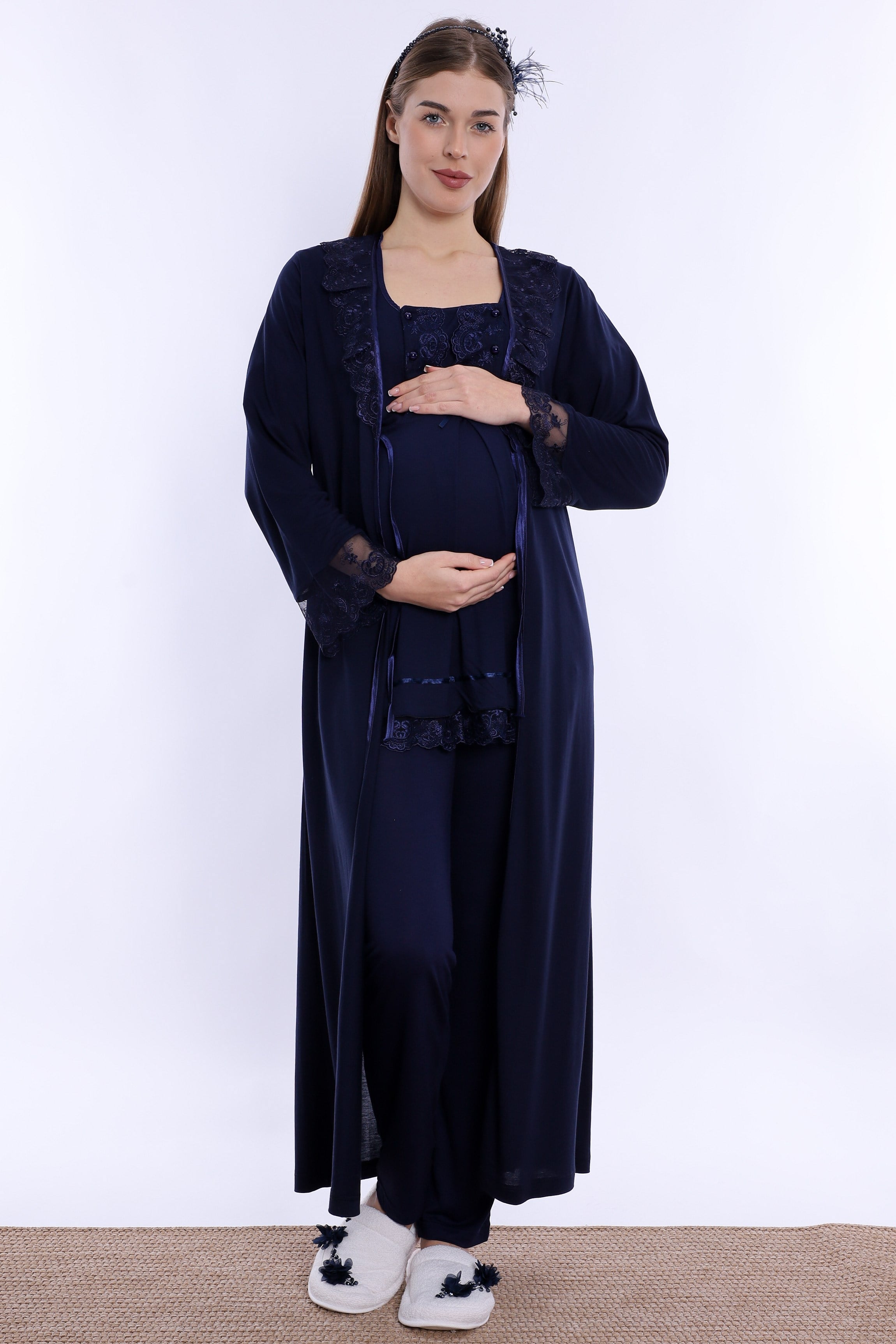 260372 Pamuklu Uzun Sabahlıklı Hamile Lohusa Emzirme Pijama Takımı  - Lacivert