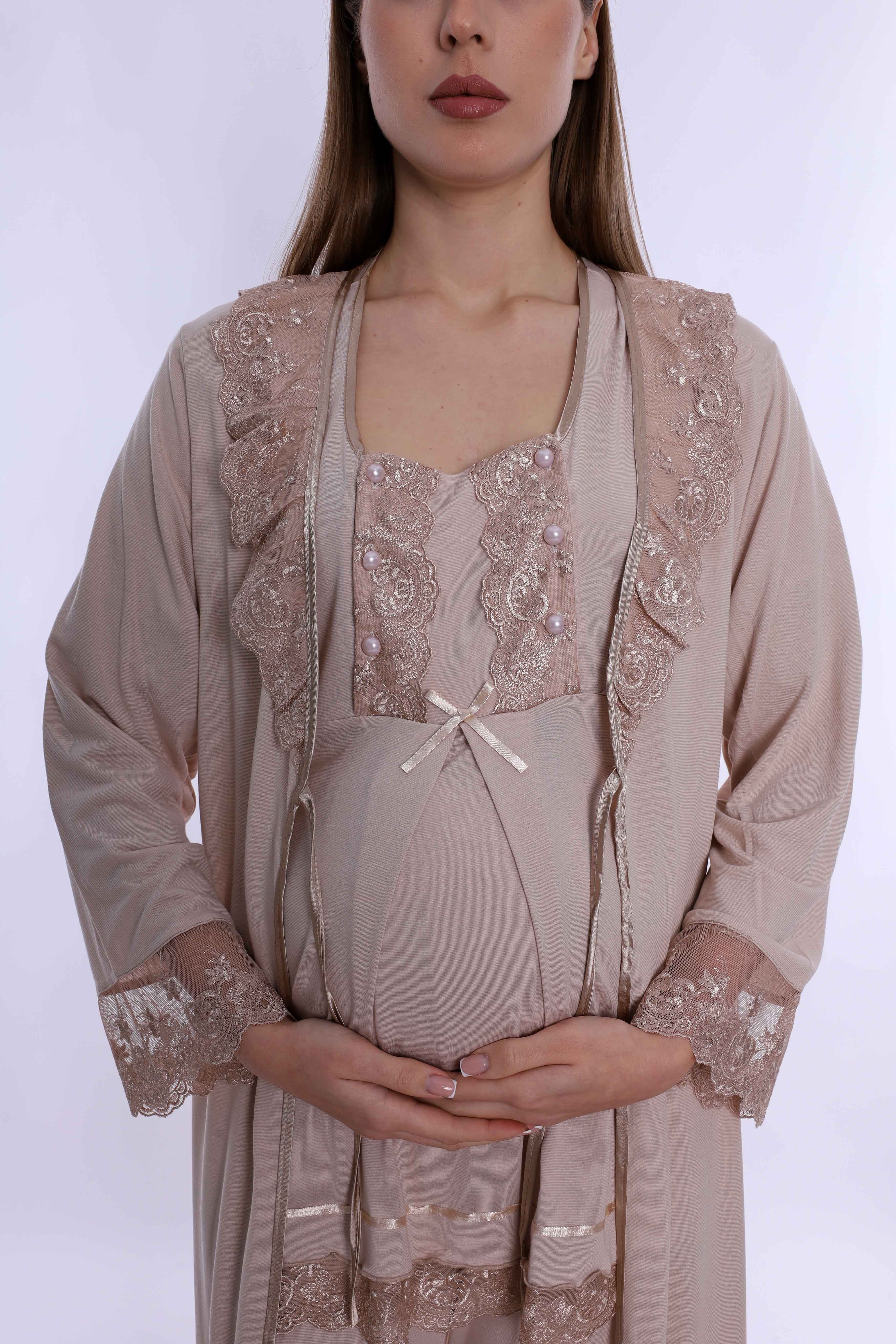 260372 Pamuklu Uzun Sabahlıklı Hamile Lohusa Emzirme Pijama Takımı  - Bej