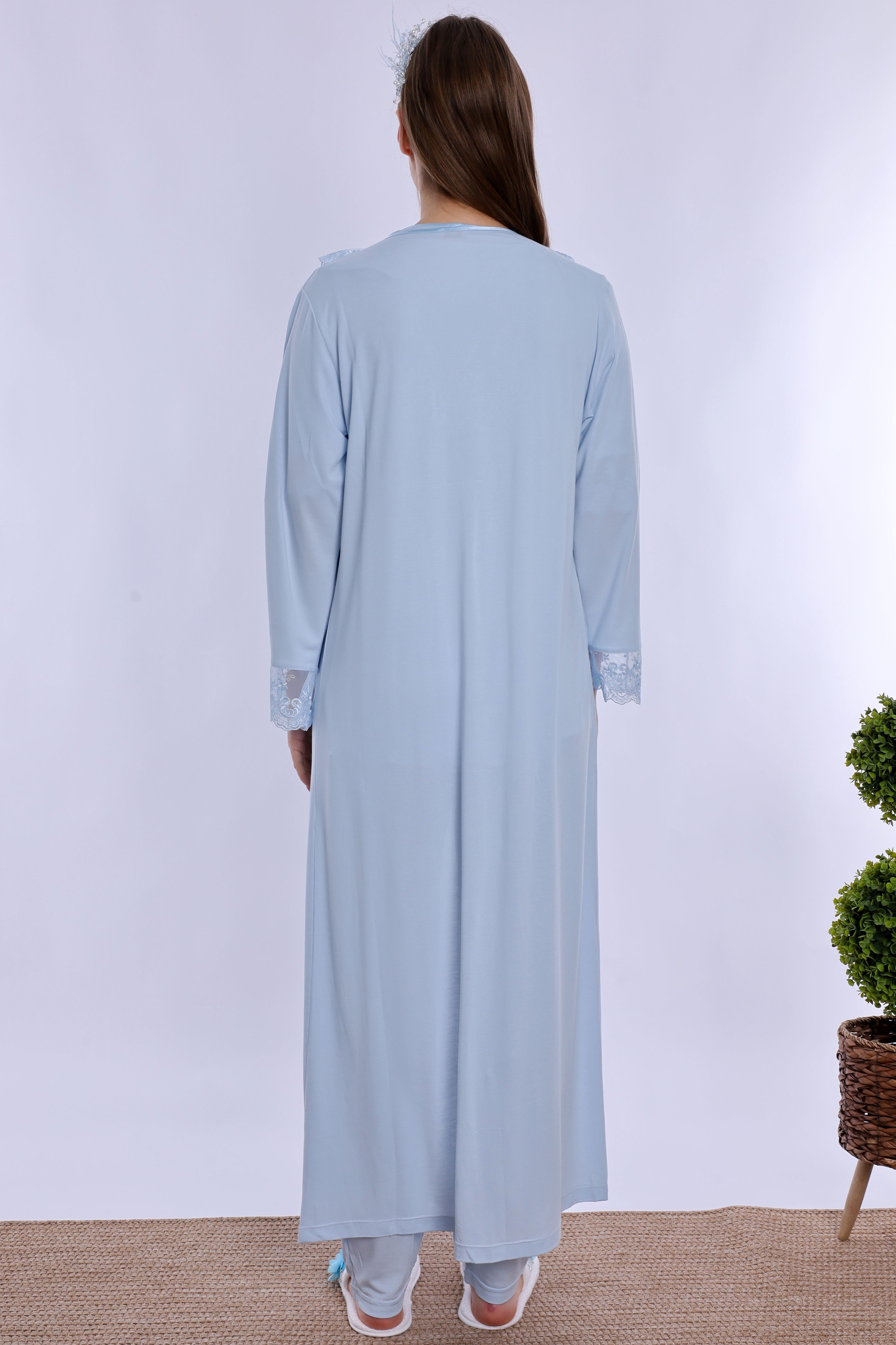 260372 Pamuklu Uzun Sabahlıklı Hamile Lohusa Emzirme Pijama Takımı  - Mavi