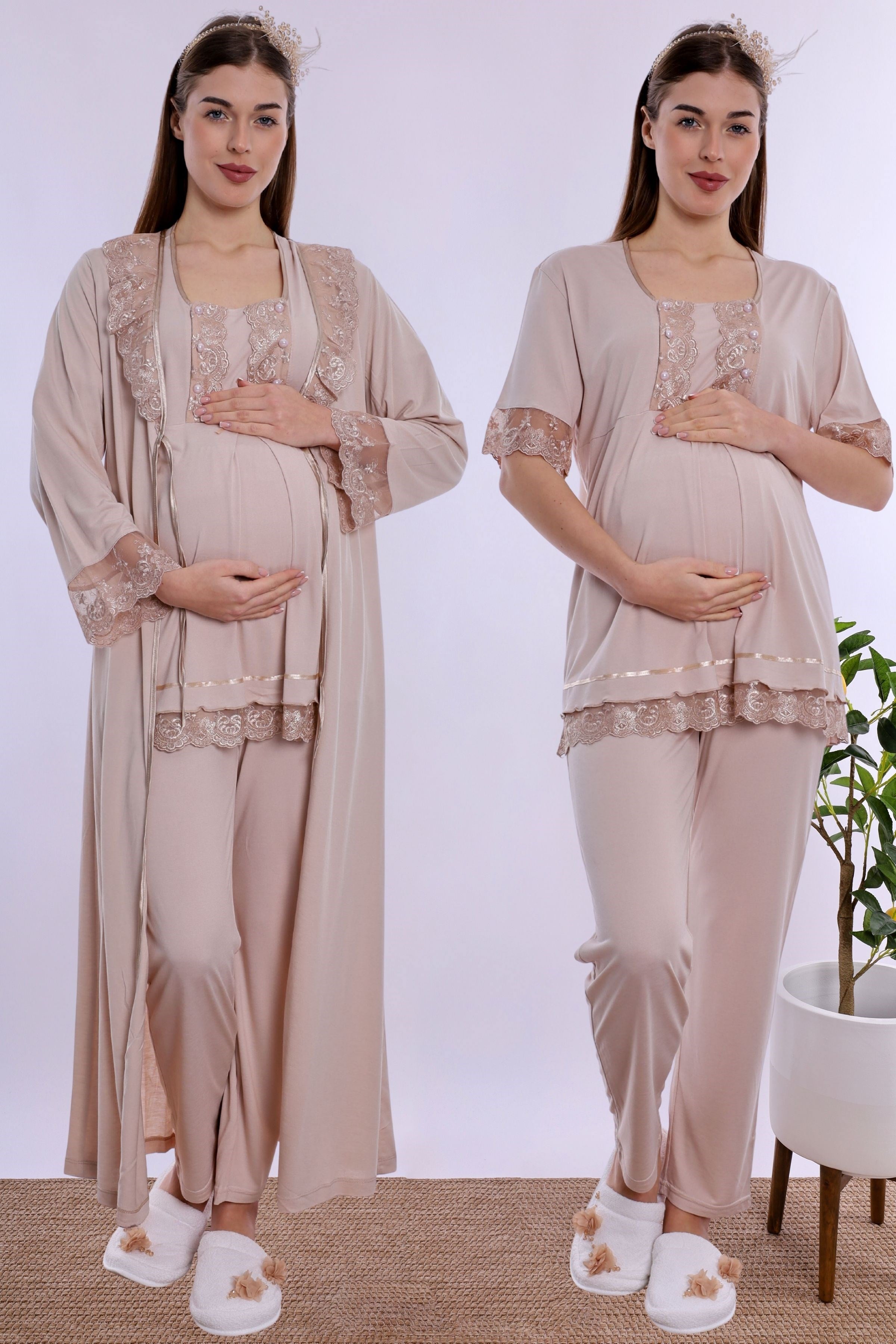 260372 Pamuklu Uzun Sabahlıklı Hamile Lohusa Emzirme Pijama Takımı  - Bej