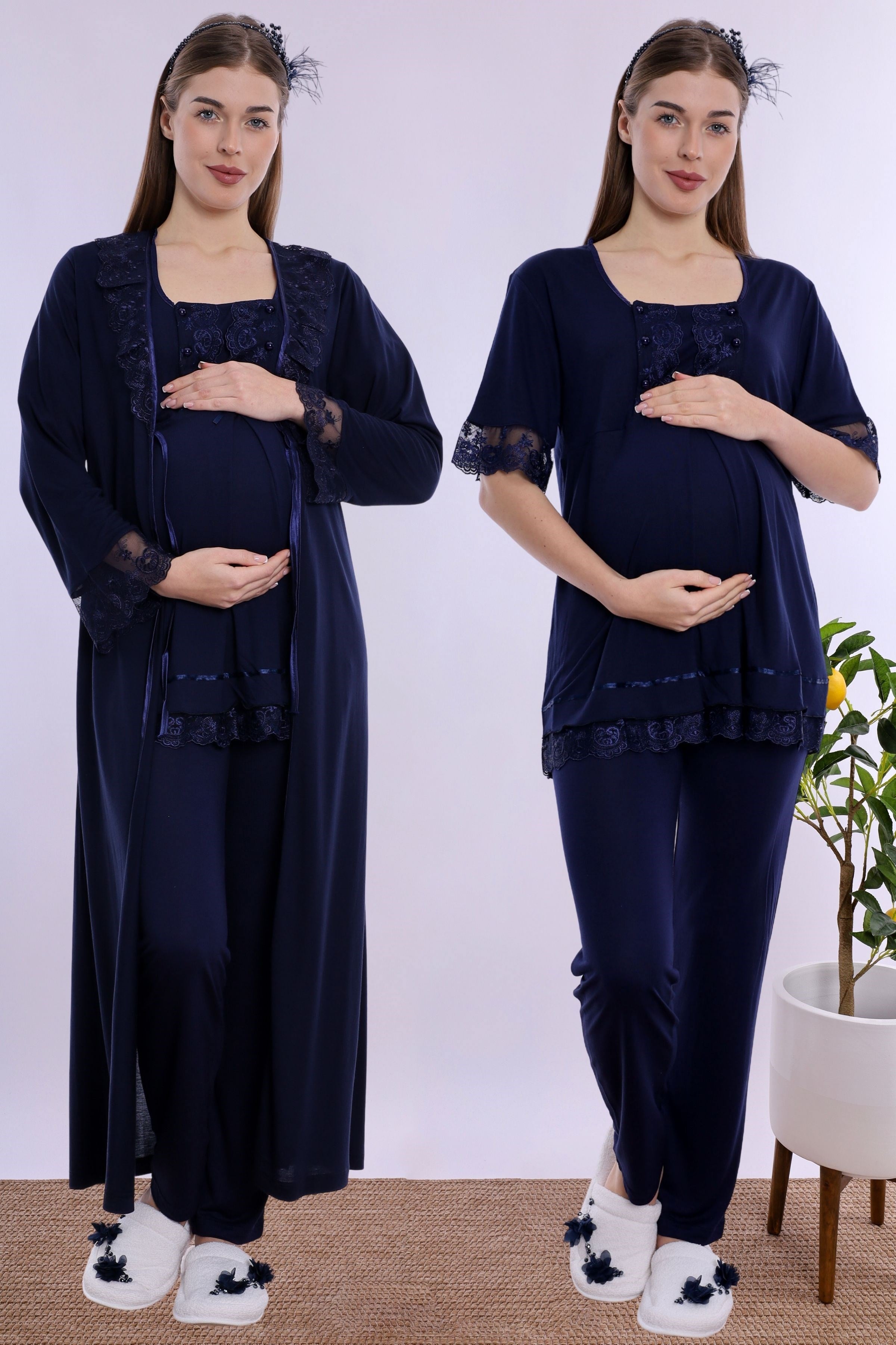 260372 Pamuklu Uzun Sabahlıklı Hamile Lohusa Emzirme Pijama Takımı  - Lacivert