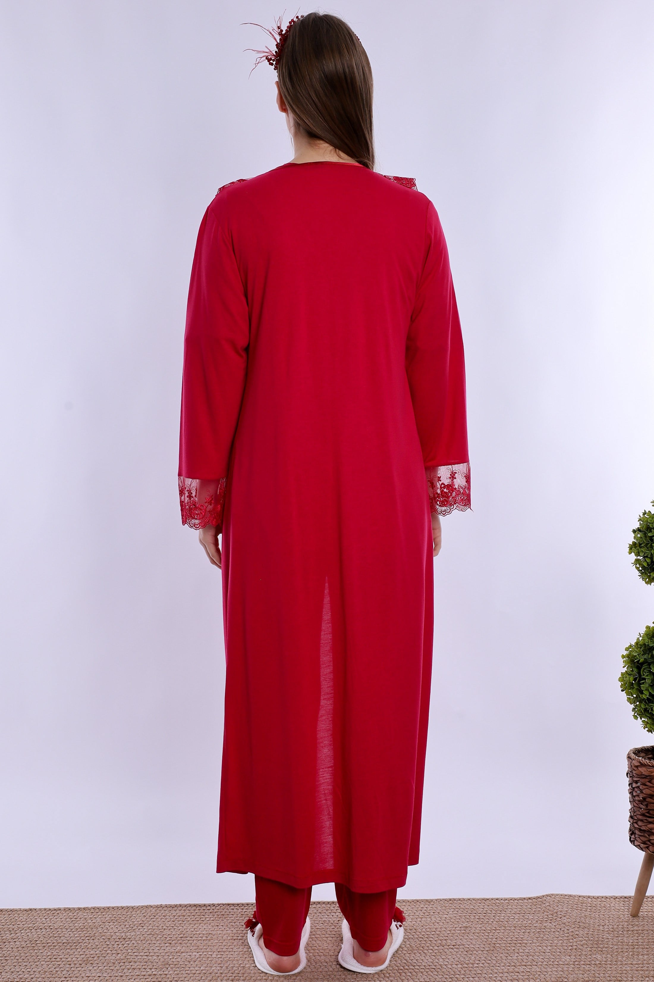 260372 Pamuklu Uzun Sabahlıklı Hamile Lohusa Emzirme Pijama Takımı  - Vişne