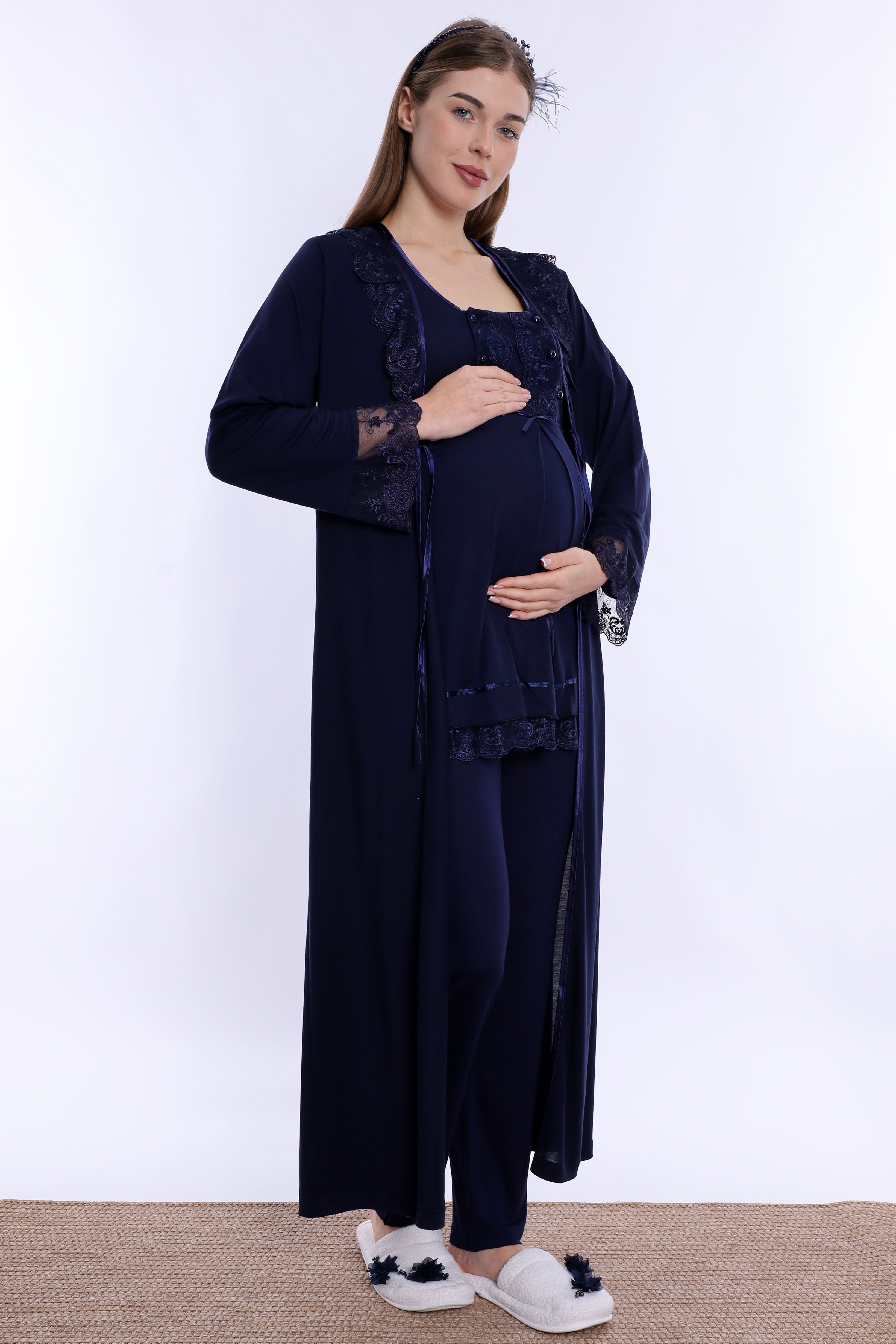 260372 Pamuklu Uzun Sabahlıklı Hamile Lohusa Emzirme Pijama Takımı  - Lacivert