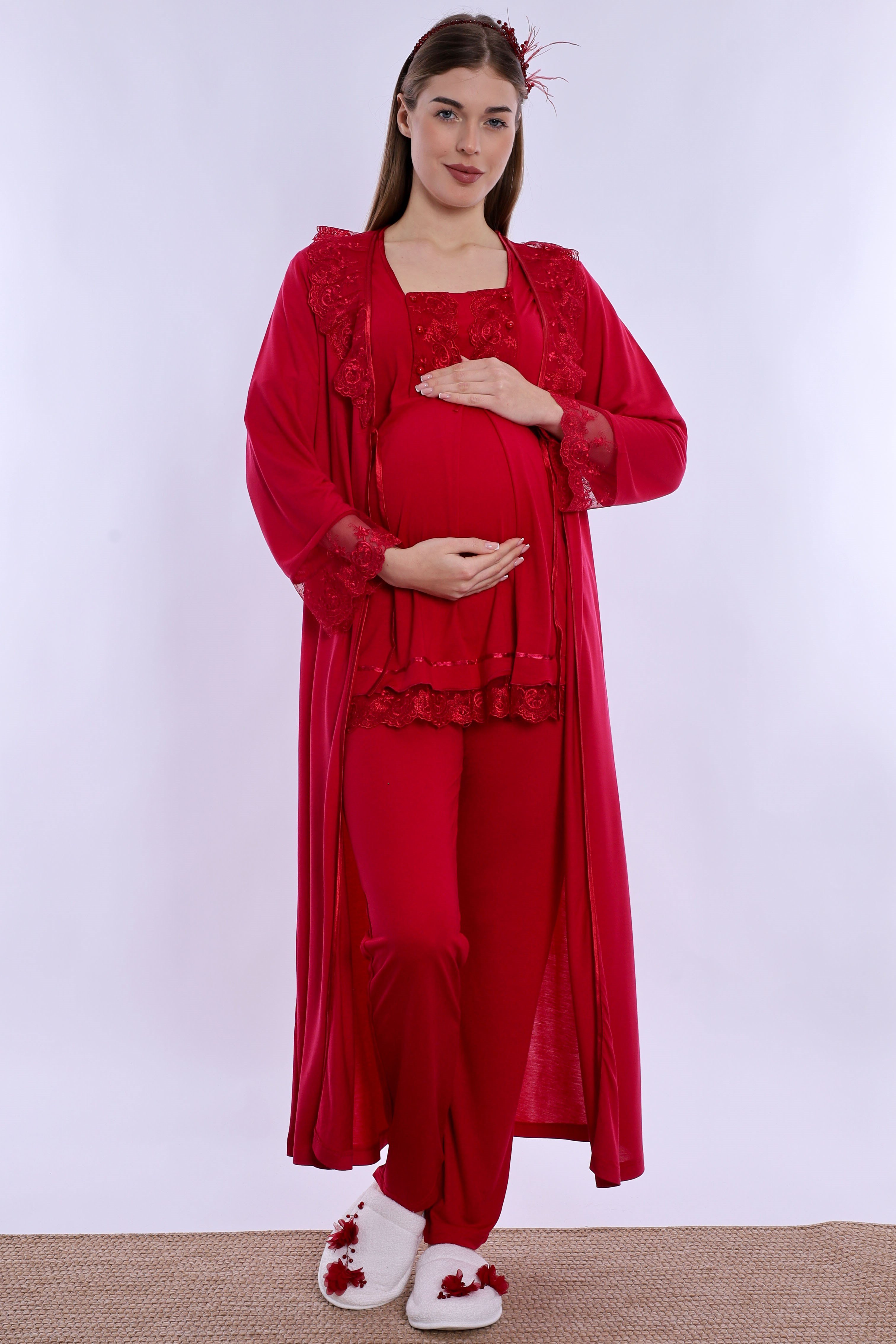 260372 Pamuklu Uzun Sabahlıklı Hamile Lohusa Emzirme Pijama Takımı  - Vişne