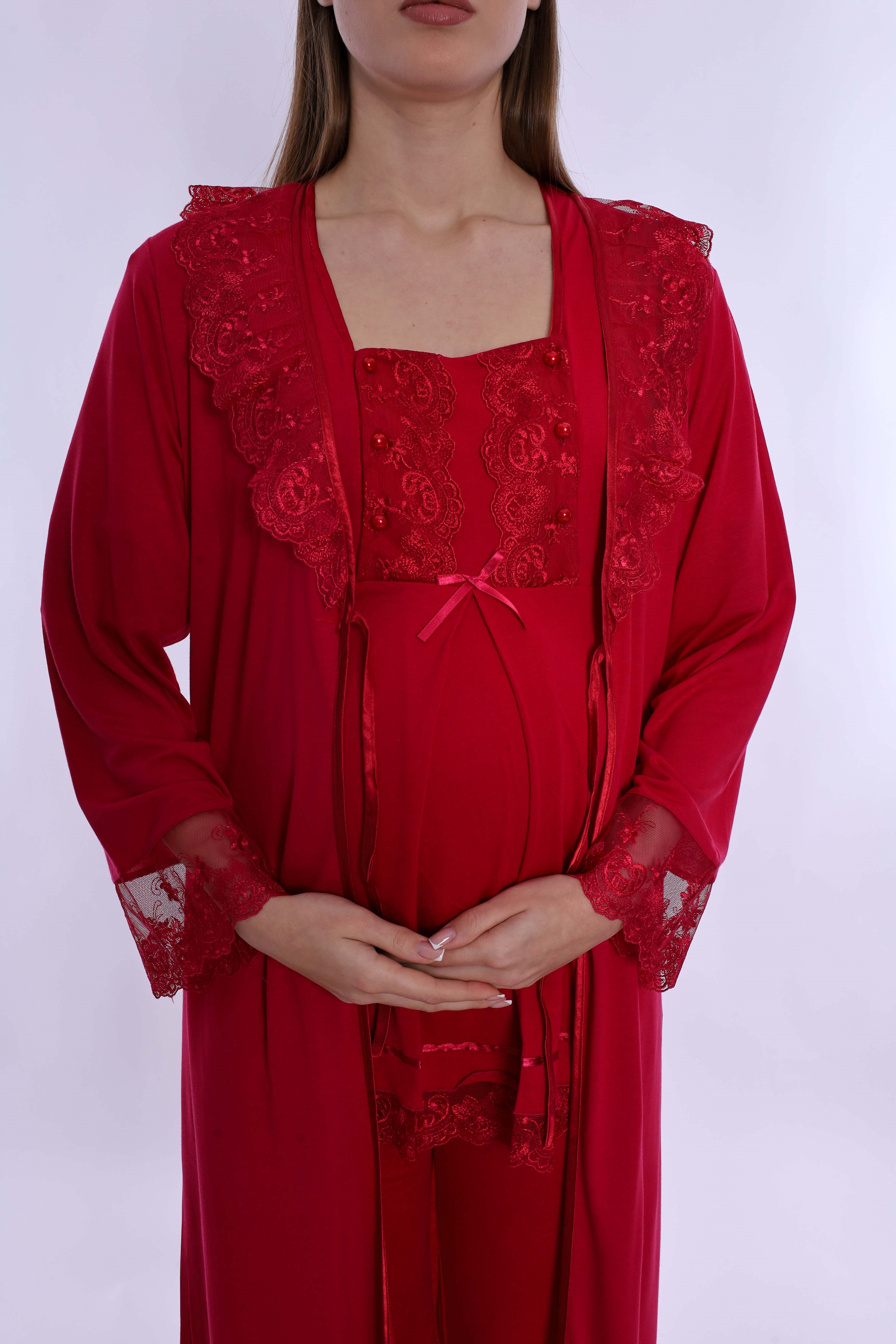 260372 Pamuklu Uzun Sabahlıklı Hamile Lohusa Emzirme Pijama Takımı  - Vişne