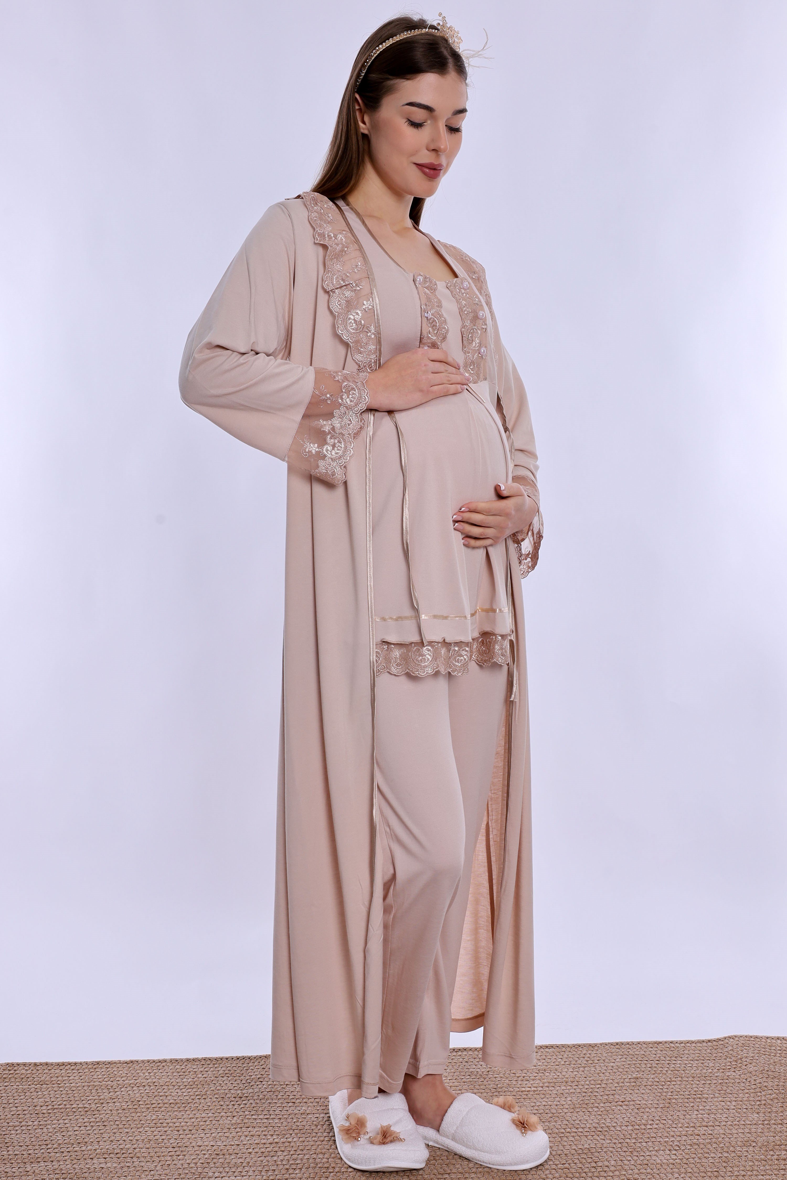 260372 Pamuklu Uzun Sabahlıklı Hamile Lohusa Emzirme Pijama Takımı  - Bej