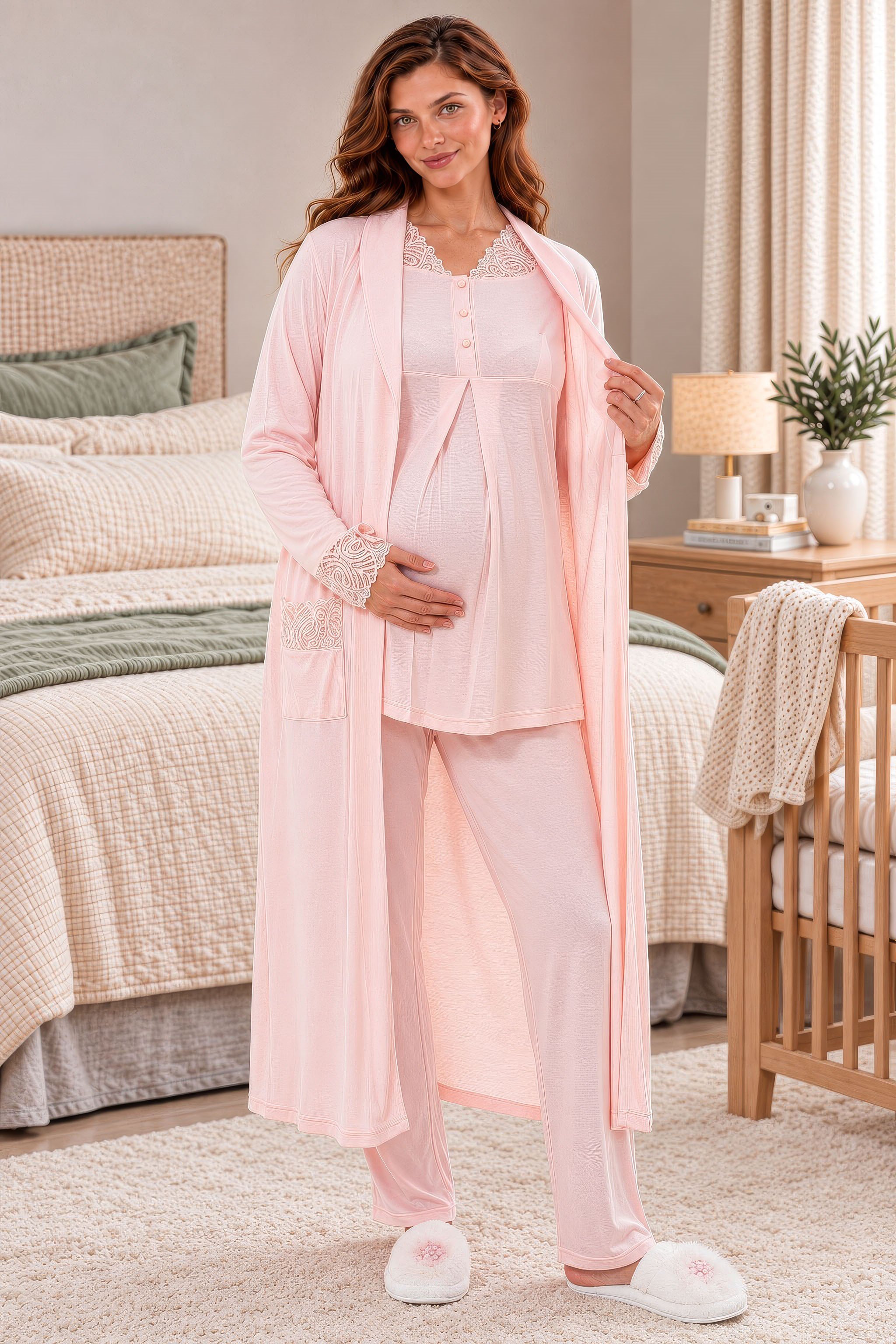 263302 Pembe Dantel İşlemeli Sabahlıklı 3'lü Hamile Lohusa Pijama Takımı