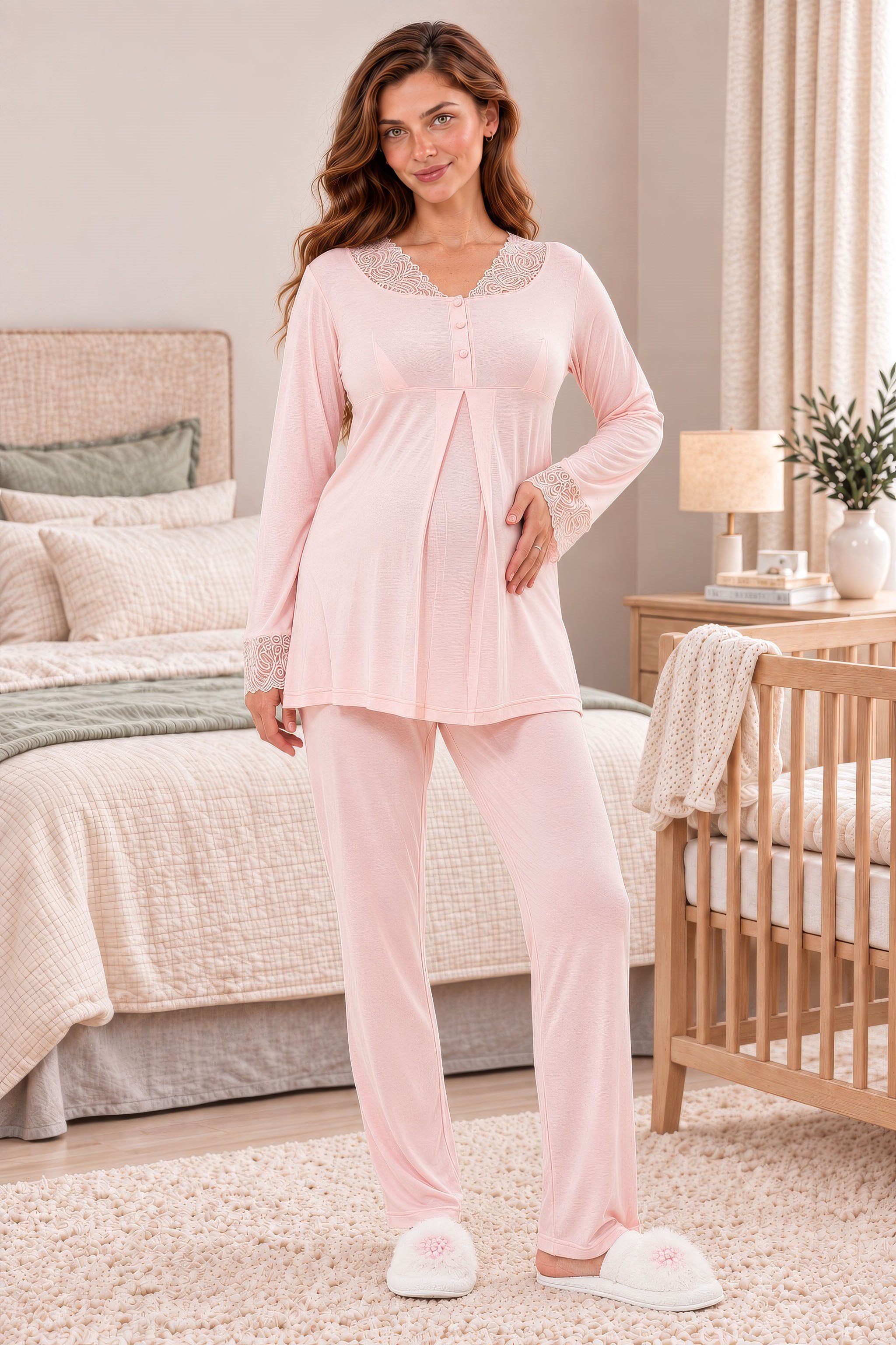 263302 Pembe Dantel İşlemeli Sabahlıklı 3'lü Hamile Lohusa Pijama Takımı