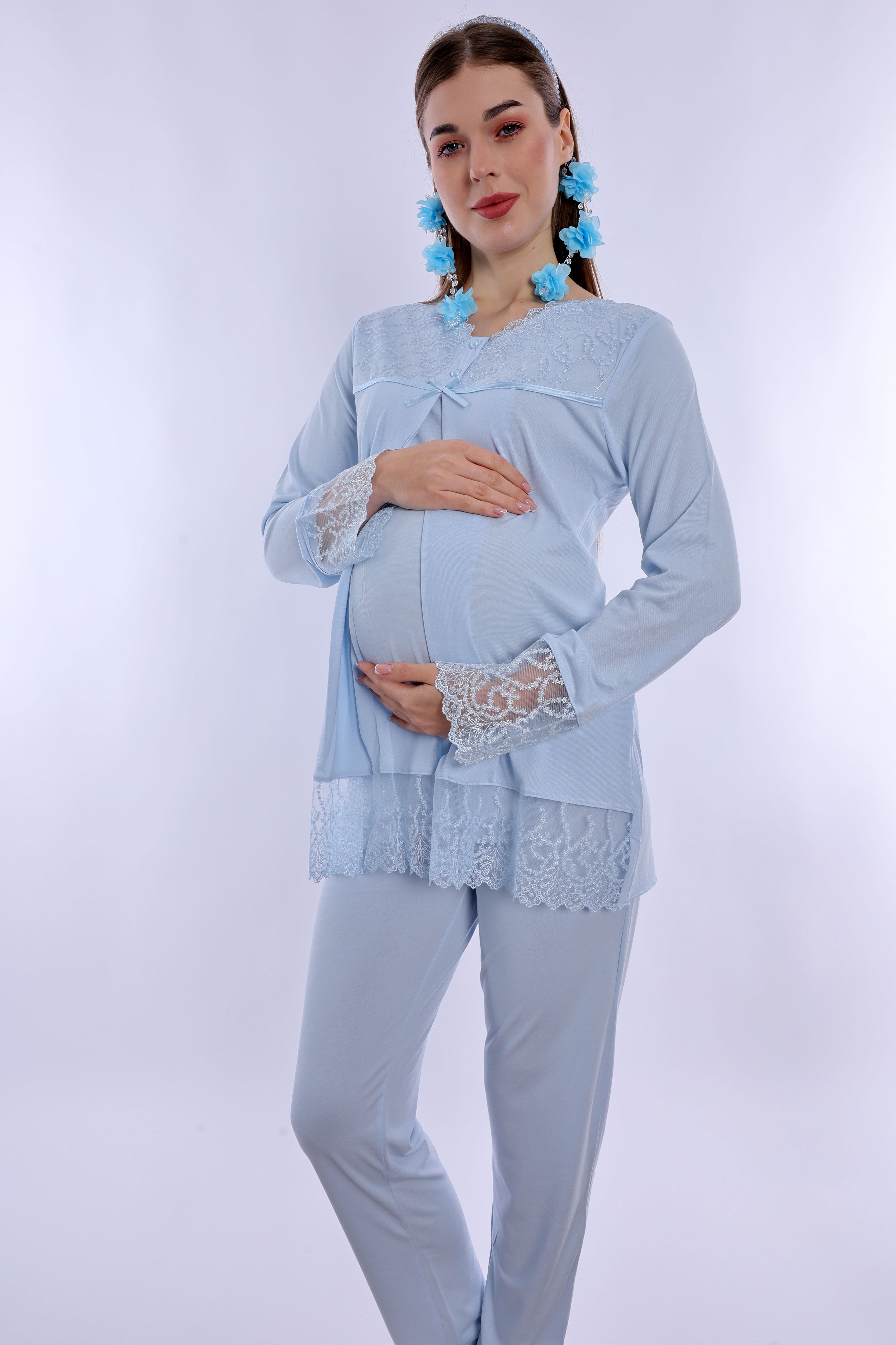 270422 Pamuklu Gizli Emzirme Özellikli Hamile Lohusa Pijama Takımı  - Mavi