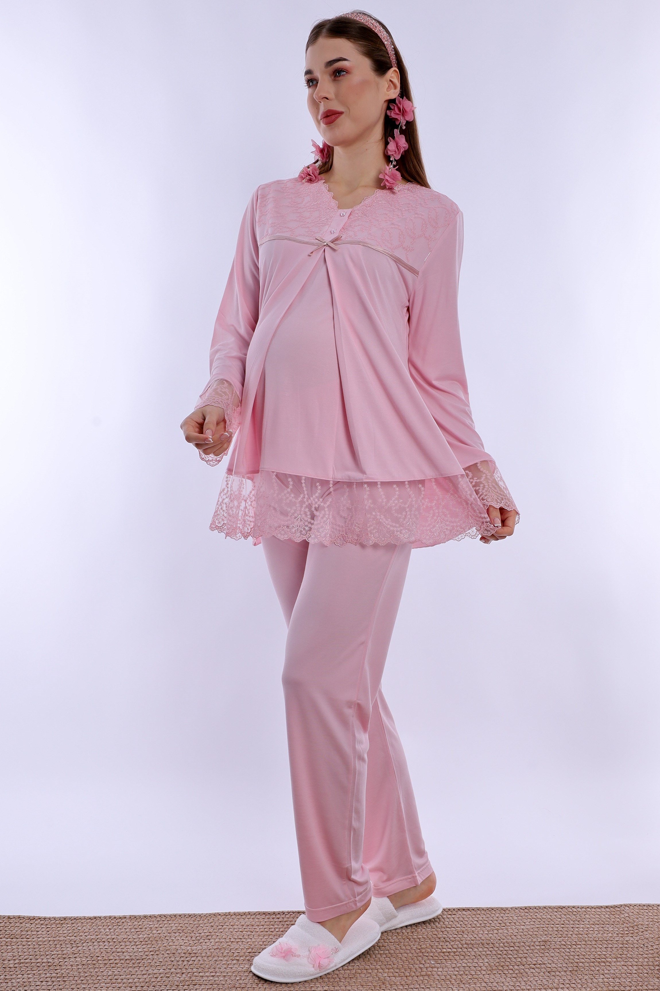 270422 Pamuklu Gizli Emzirme Özellikli Hamile Lohusa Pijama Takımı  - Pembe