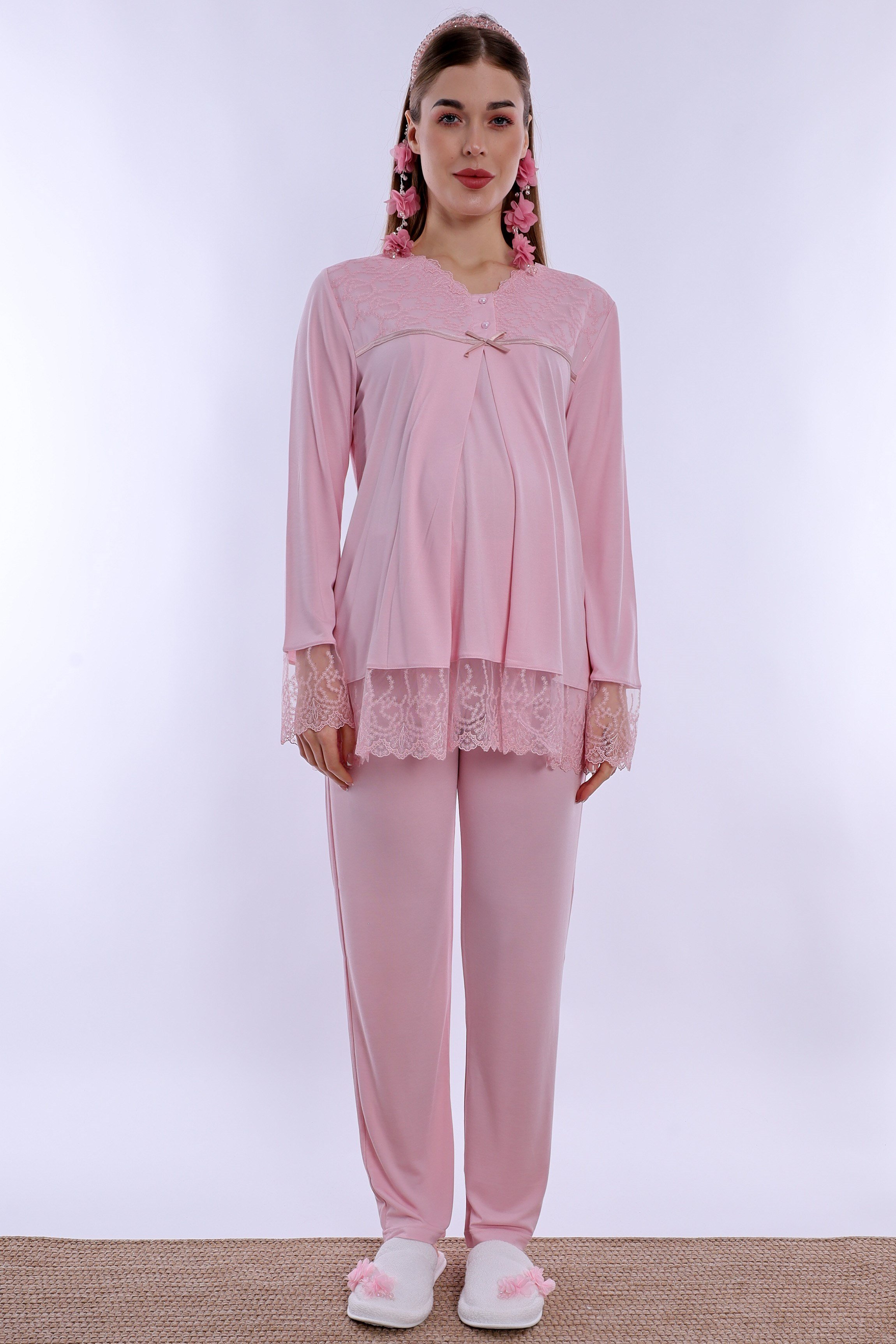 270422 Pamuklu Gizli Emzirme Özellikli Hamile Lohusa Pijama Takımı  - Pembe