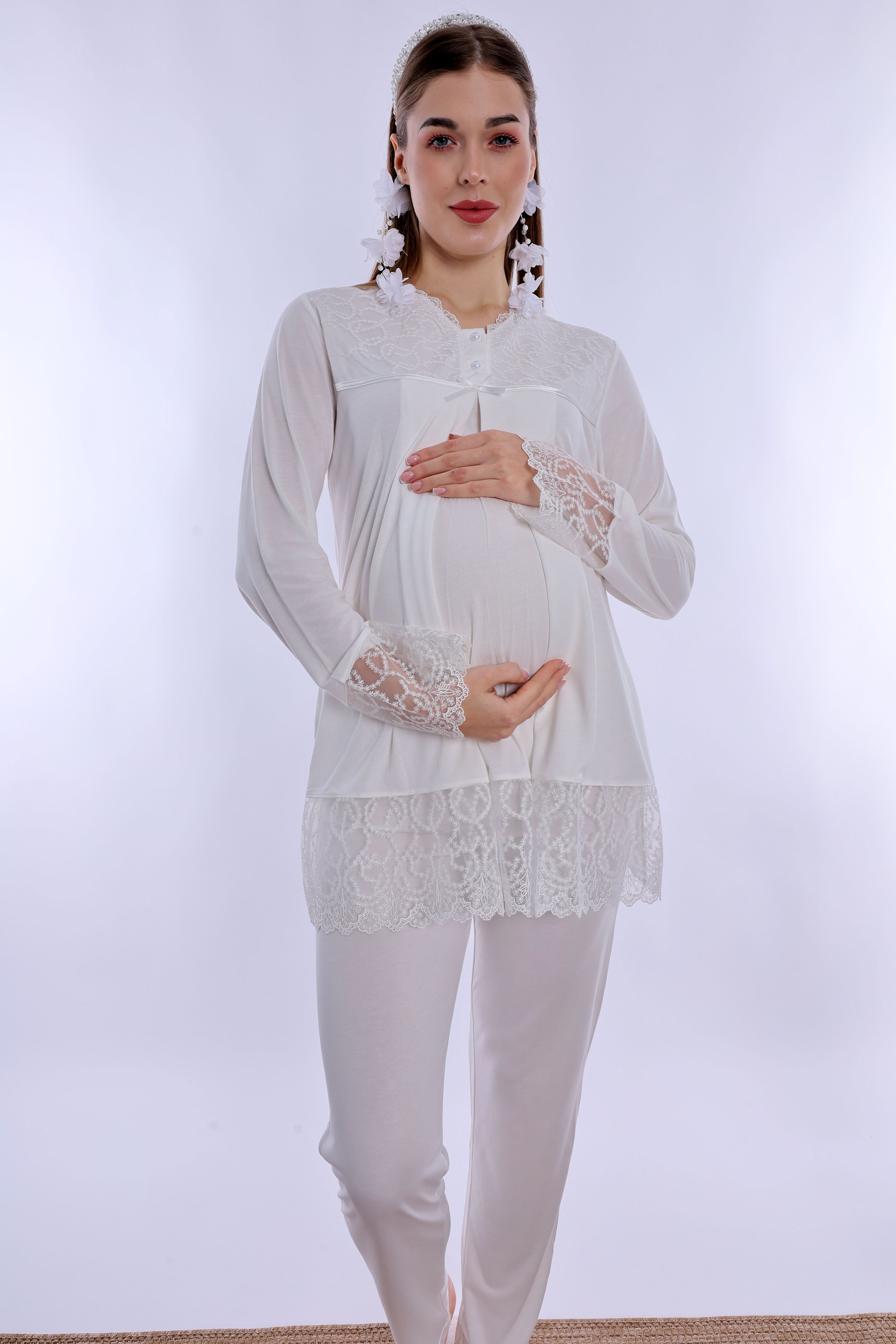 270422 Pamuklu Gizli Emzirme Özellikli Hamile Lohusa Pijama Takımı  - Ekru