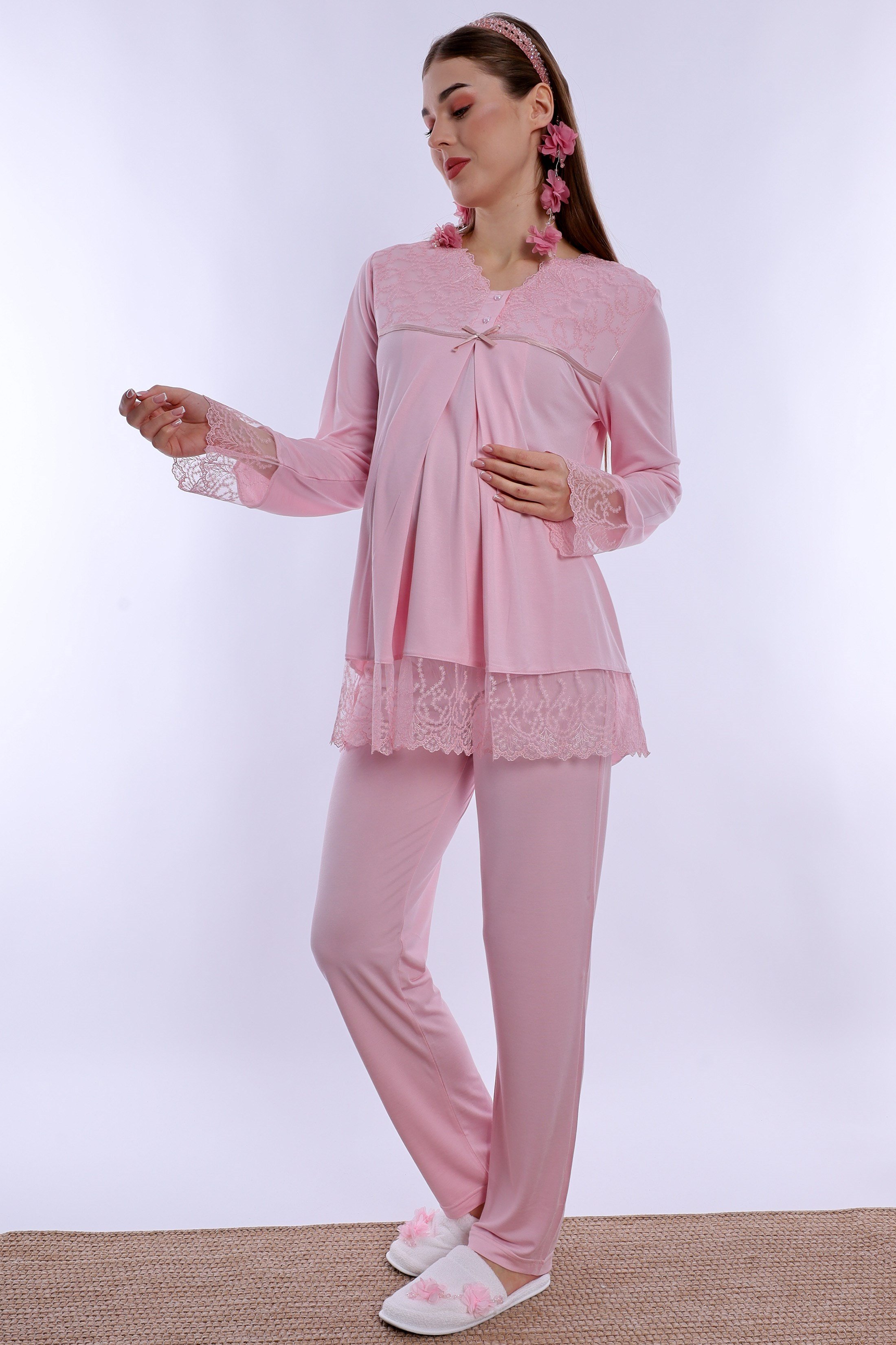 270422 Pamuklu Gizli Emzirme Özellikli Hamile Lohusa Pijama Takımı  - Pembe