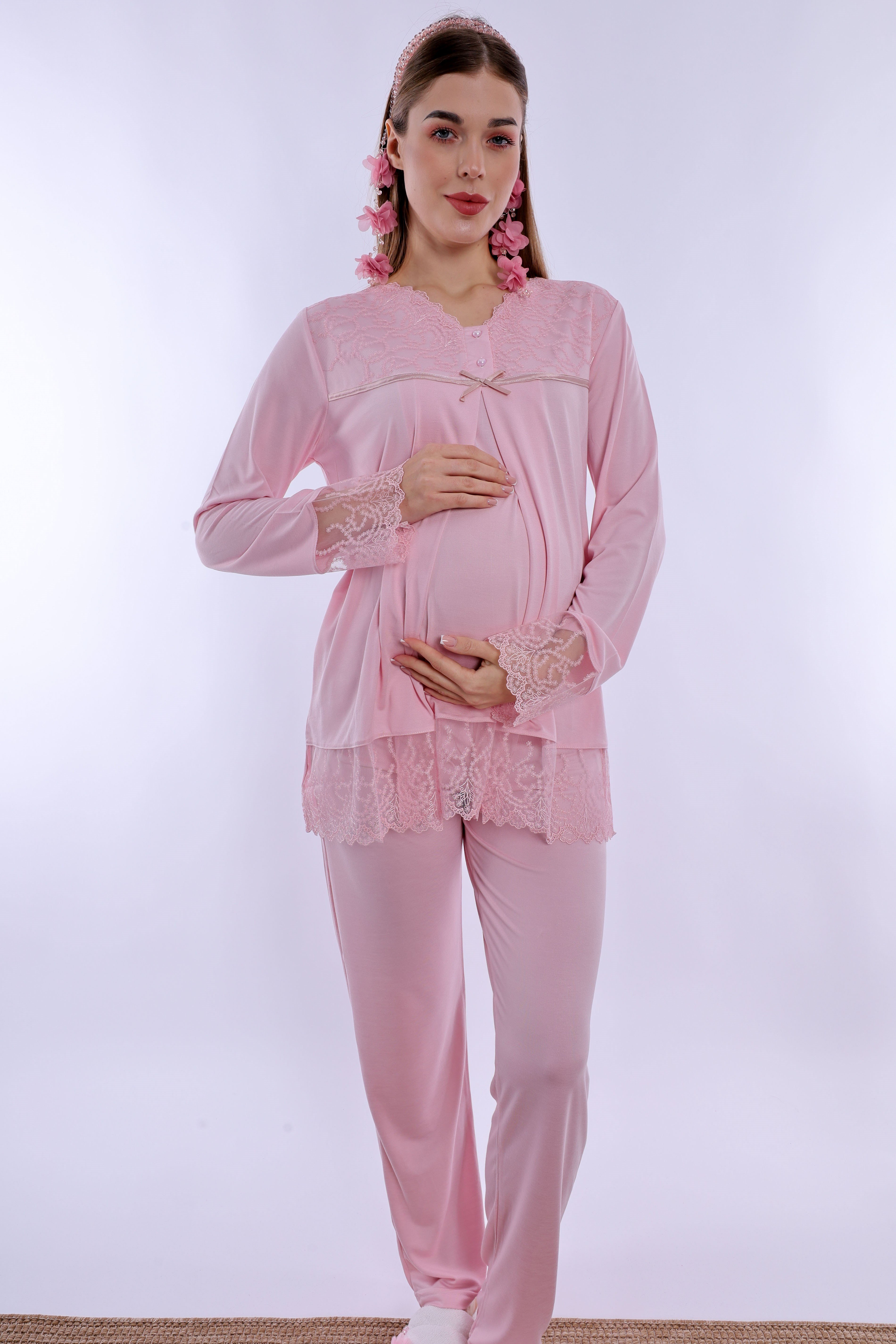 270422 Pamuklu Gizli Emzirme Özellikli Hamile Lohusa Pijama Takımı  - Pembe
