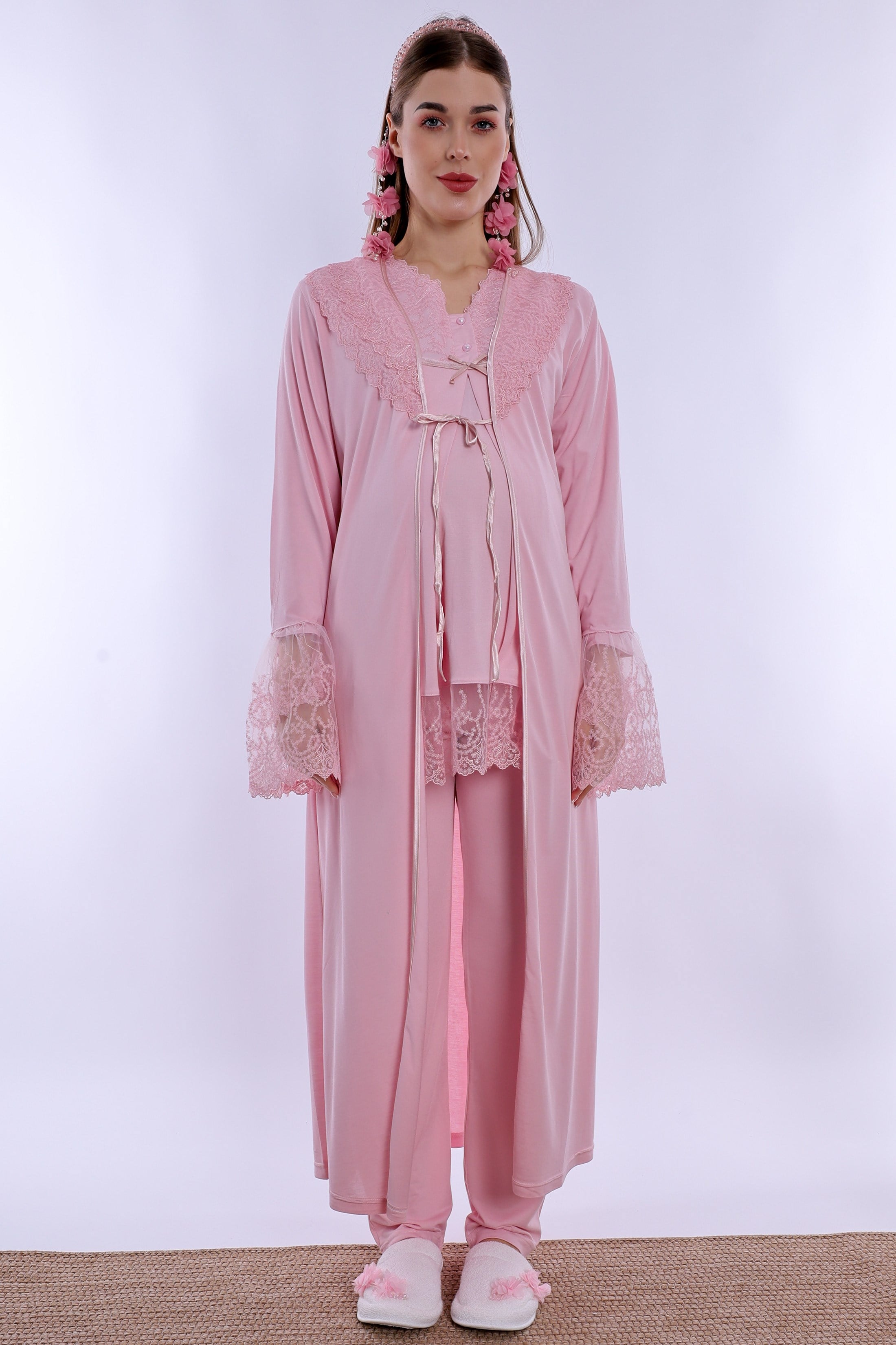 270442 Gizli Emzirme Özellikli Pamuklu Sabahlıklı Hamile Lohusa Pijama Takımı  - Pembe