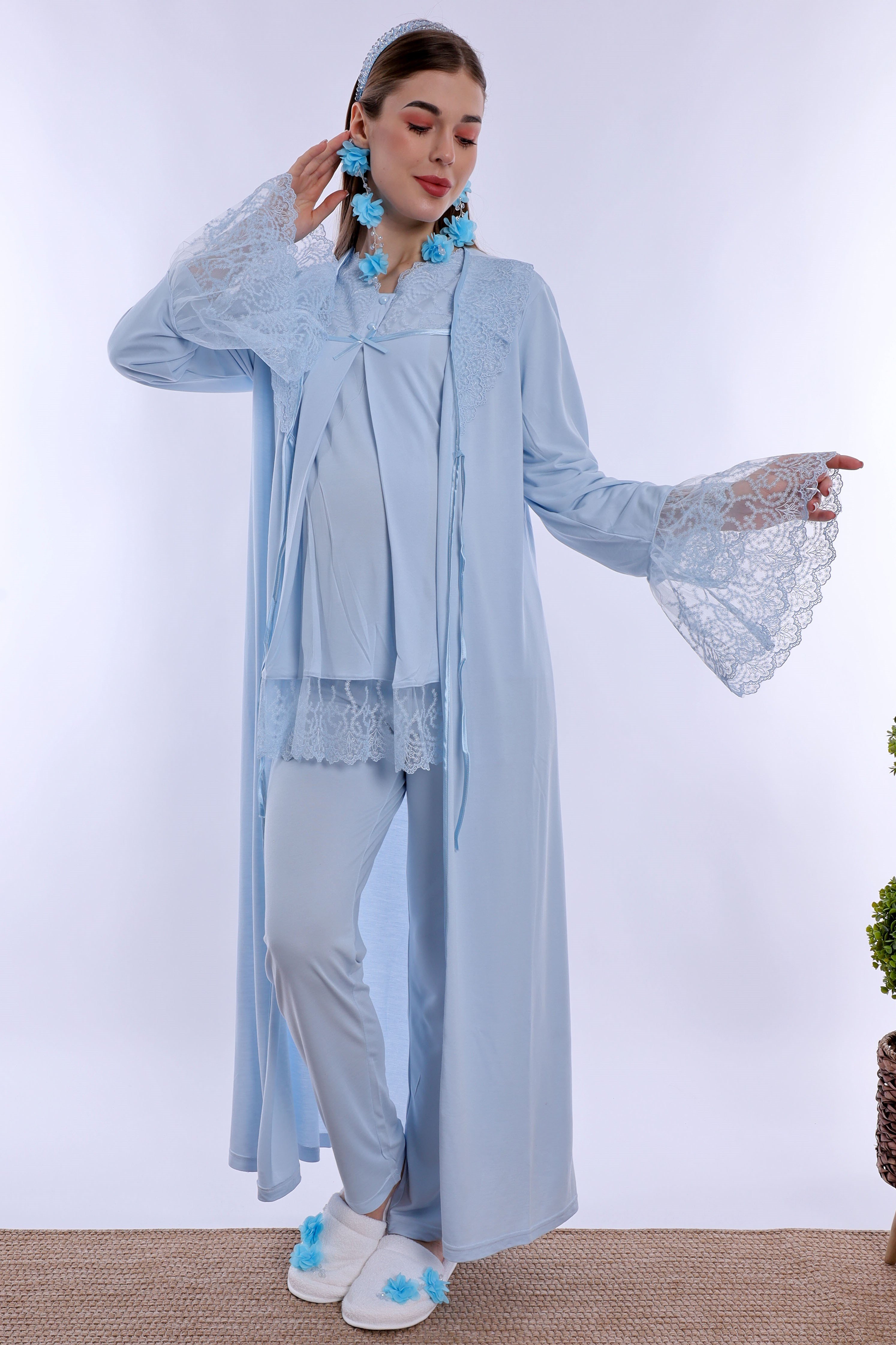 270442 Gizli Emzirme Özellikli Pamuklu Sabahlıklı Hamile Lohusa Pijama Takımı  - Mavi