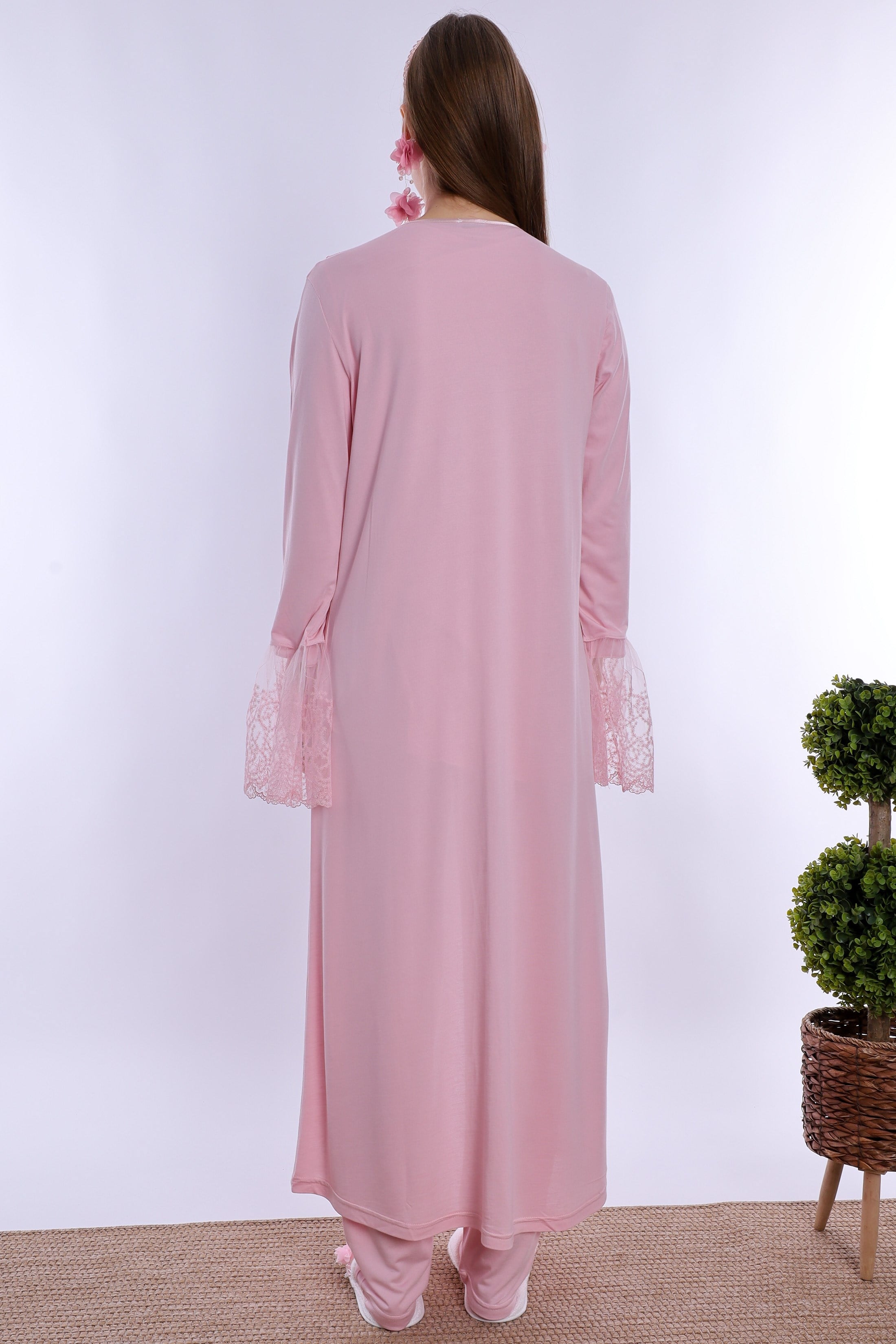 270442 Gizli Emzirme Özellikli Pamuklu Sabahlıklı Hamile Lohusa Pijama Takımı  - Pembe