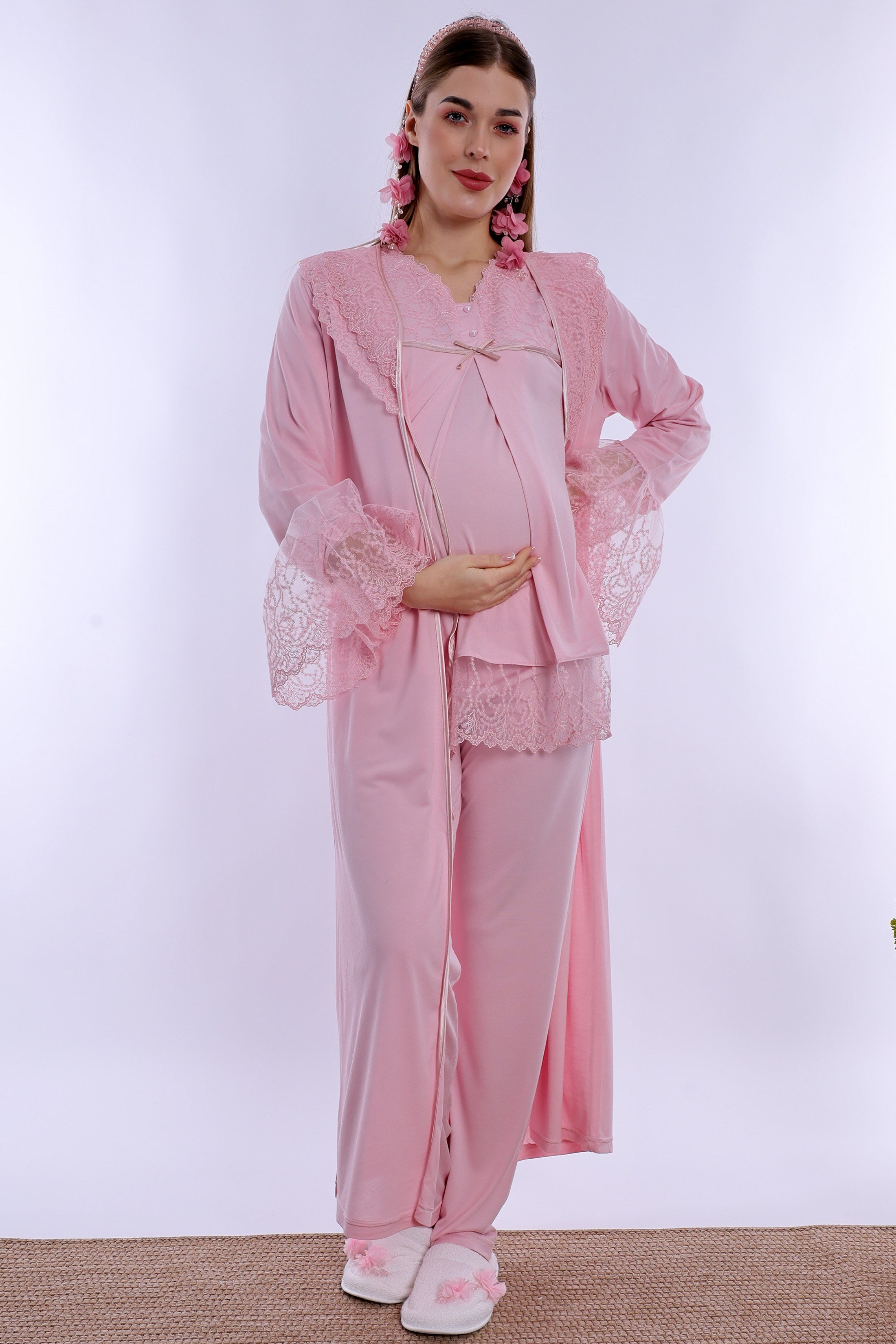 270442 Gizli Emzirme Özellikli Pamuklu Sabahlıklı Hamile Lohusa Pijama Takımı  - Pembe