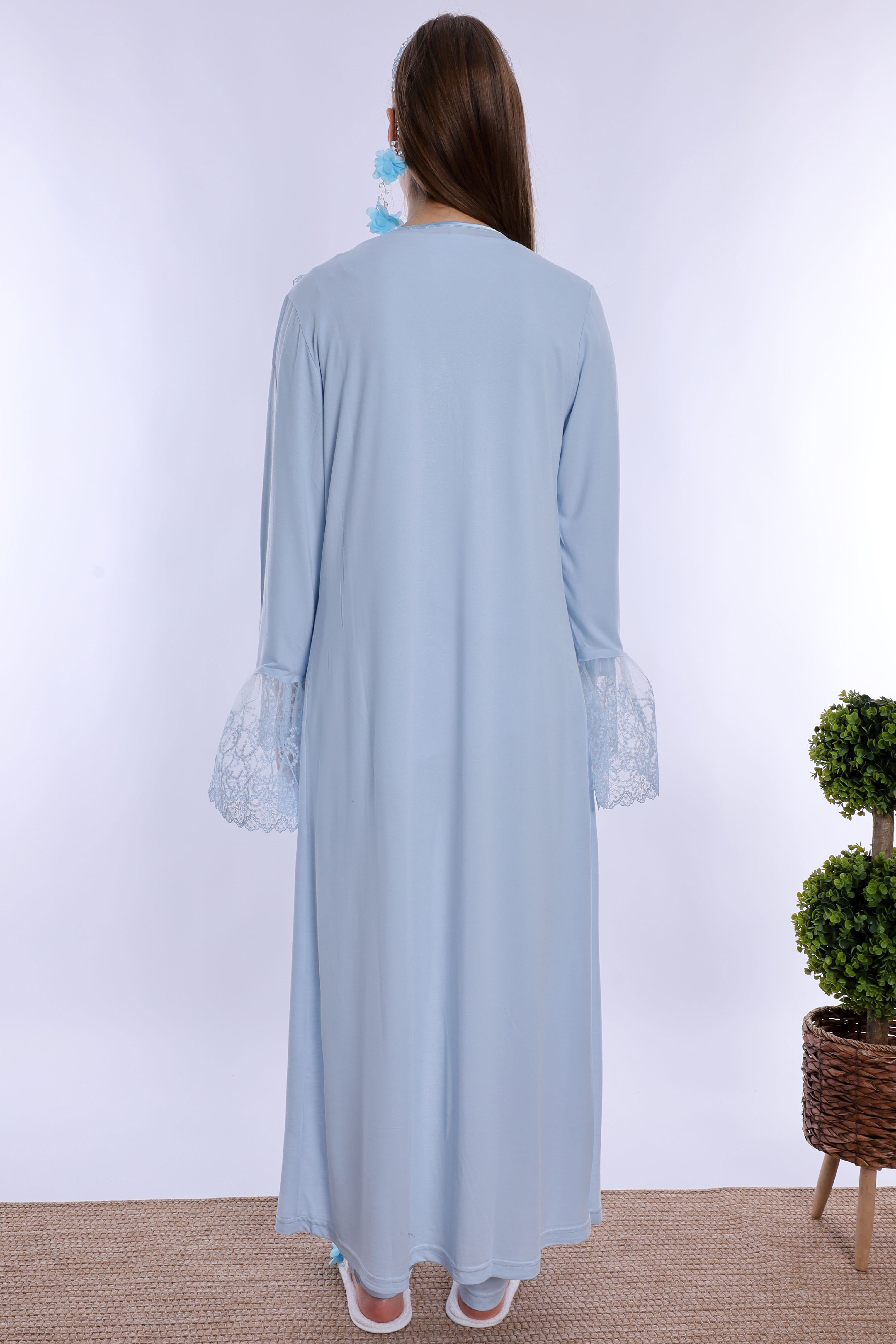 270442 Gizli Emzirme Özellikli Pamuklu Sabahlıklı Hamile Lohusa Pijama Takımı  - Mavi