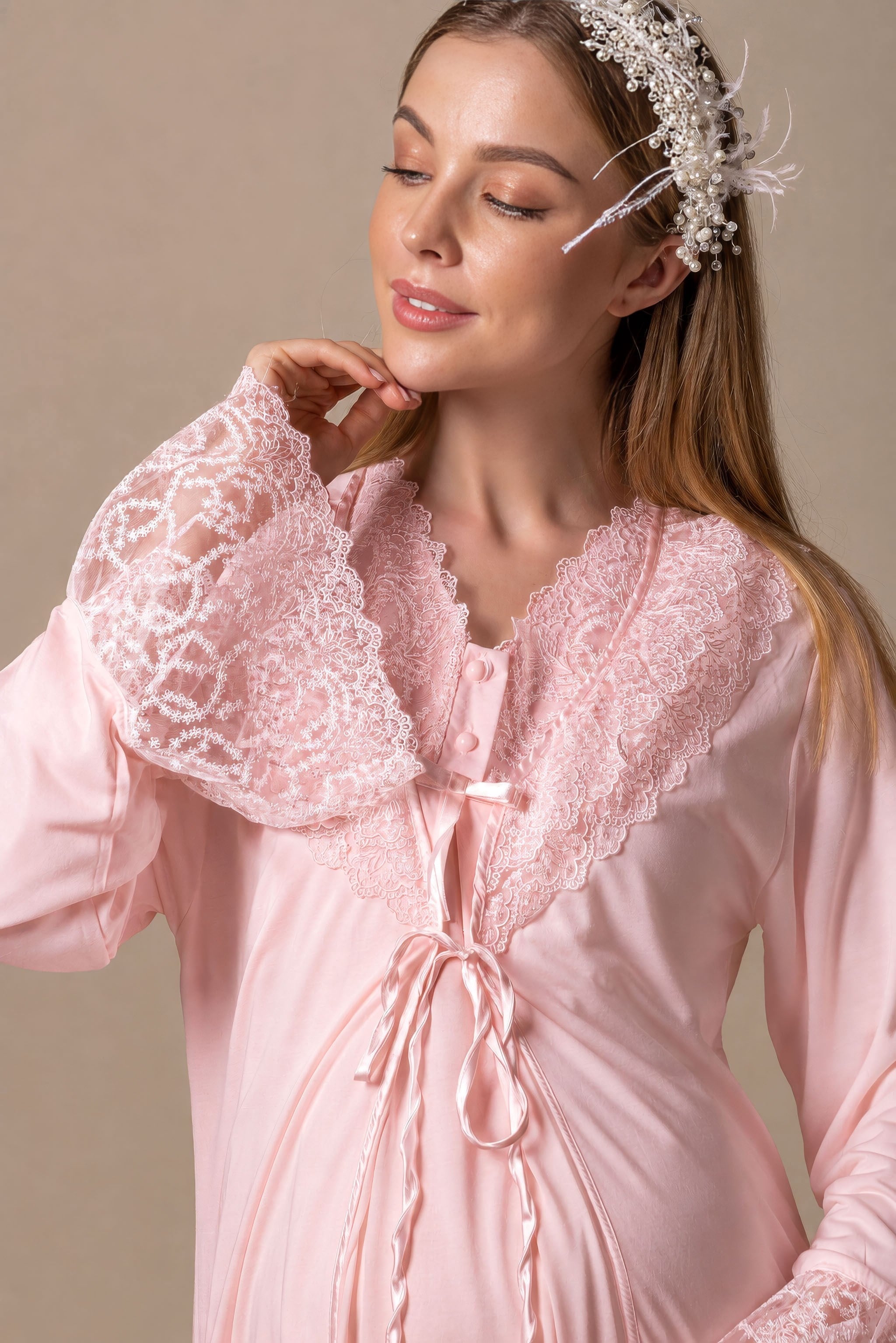 270452 Pembe Sabahlıklı Hamile Lohusa Gecelik Takım