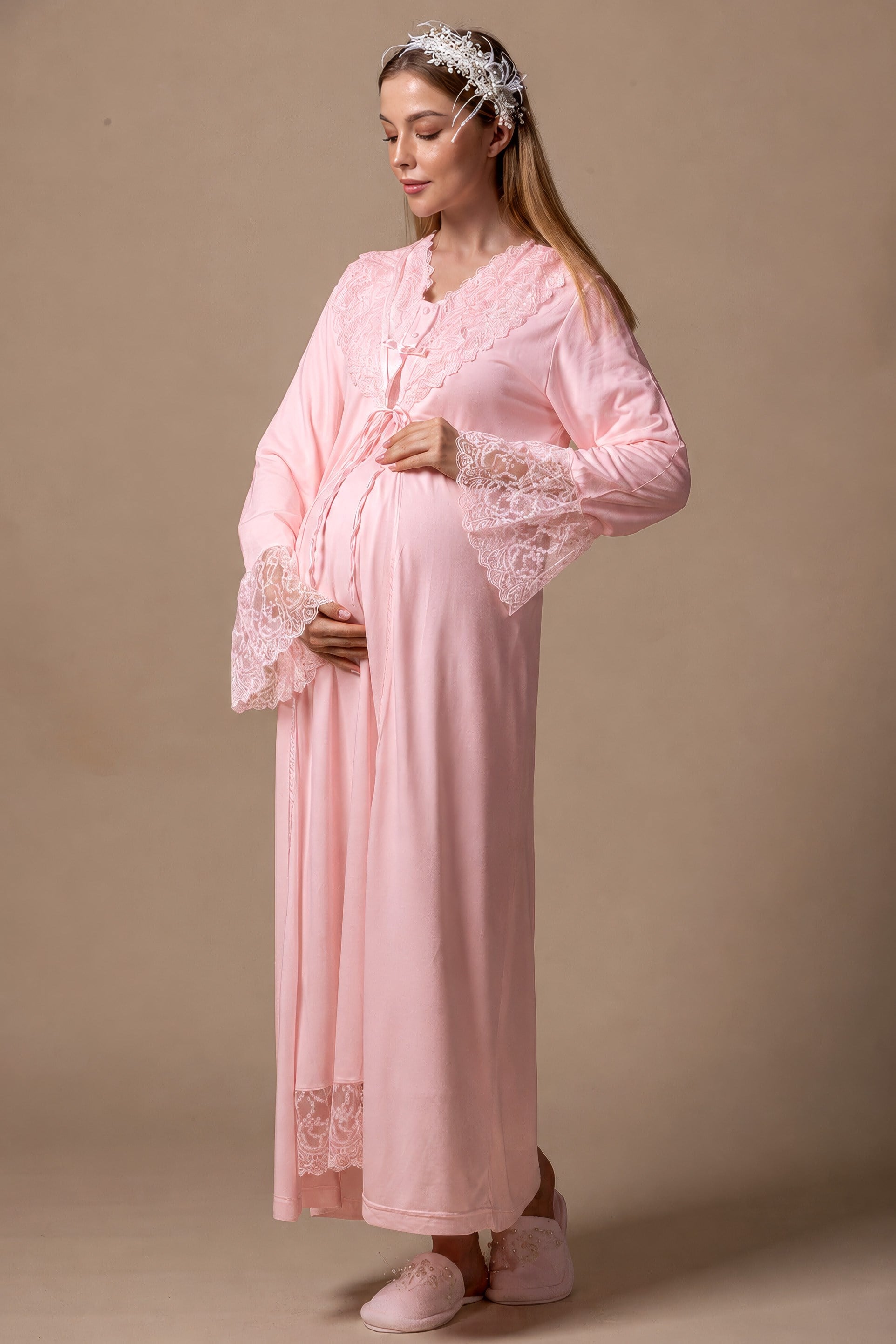 270452 Pembe Sabahlıklı Hamile Lohusa Gecelik Takım
