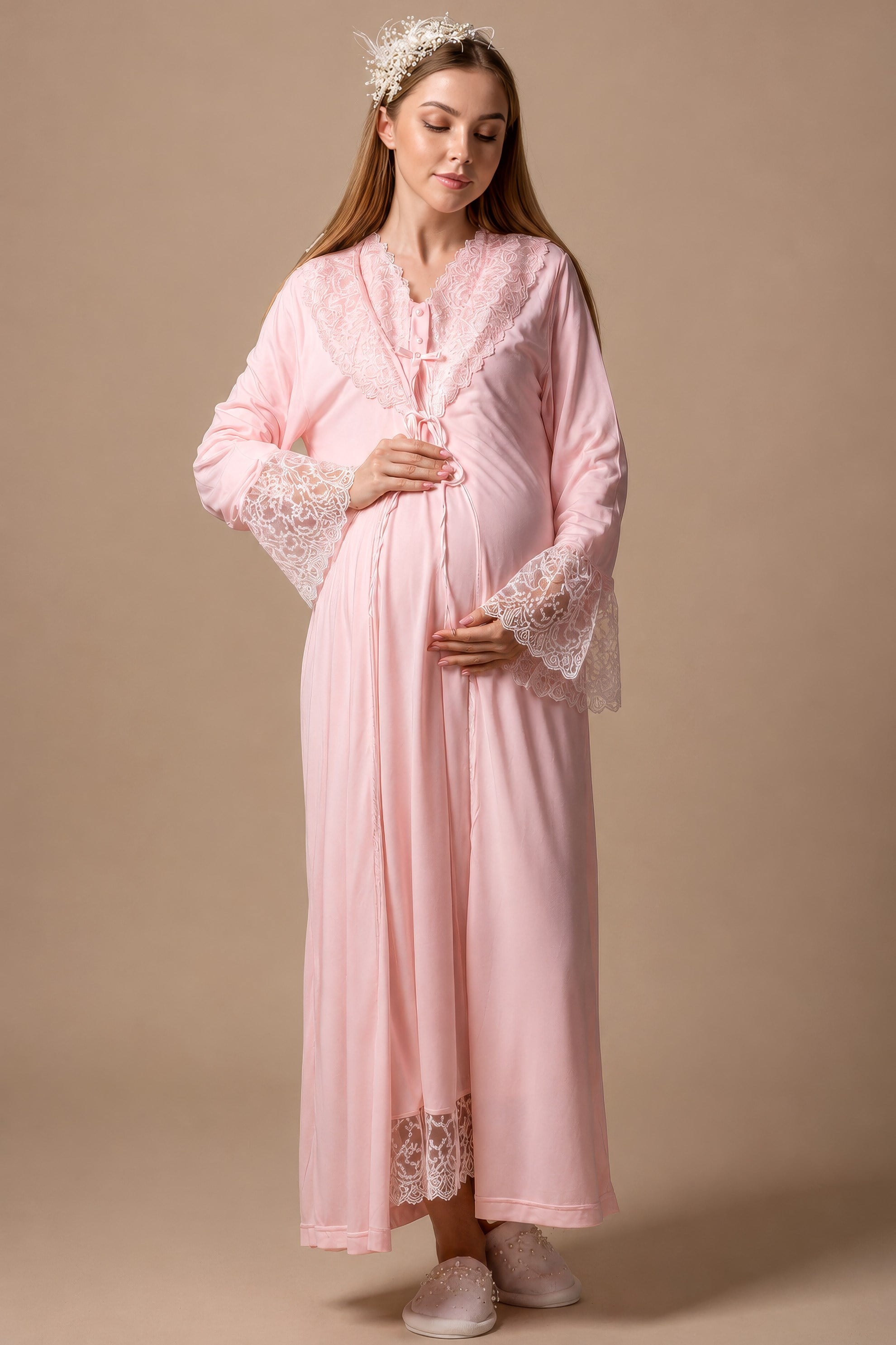 270452 Pembe Sabahlıklı Hamile Lohusa Gecelik Takım