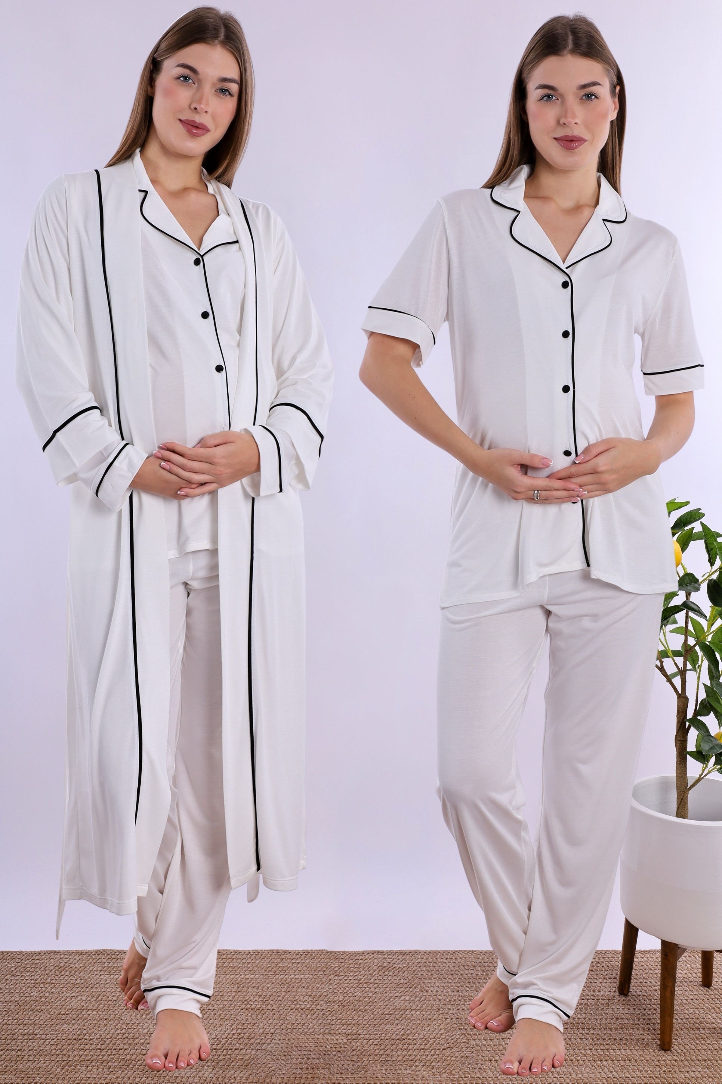 280682 Ekru Sabahlıklı Hamile Lohusa Pijama Takımı
