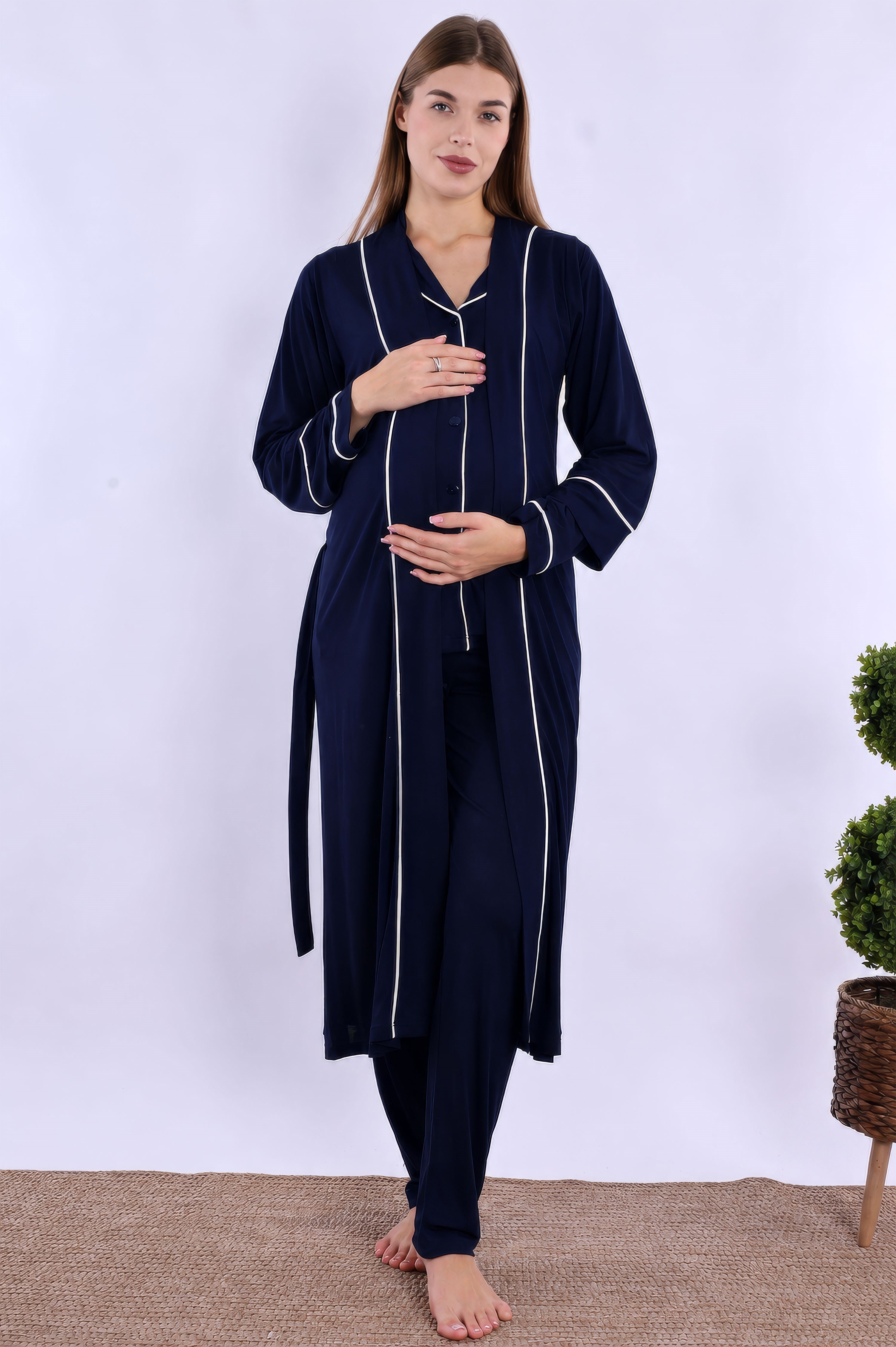280682 Lacivert Sabahlıklı Hamile Lohusa Pijama Takımı