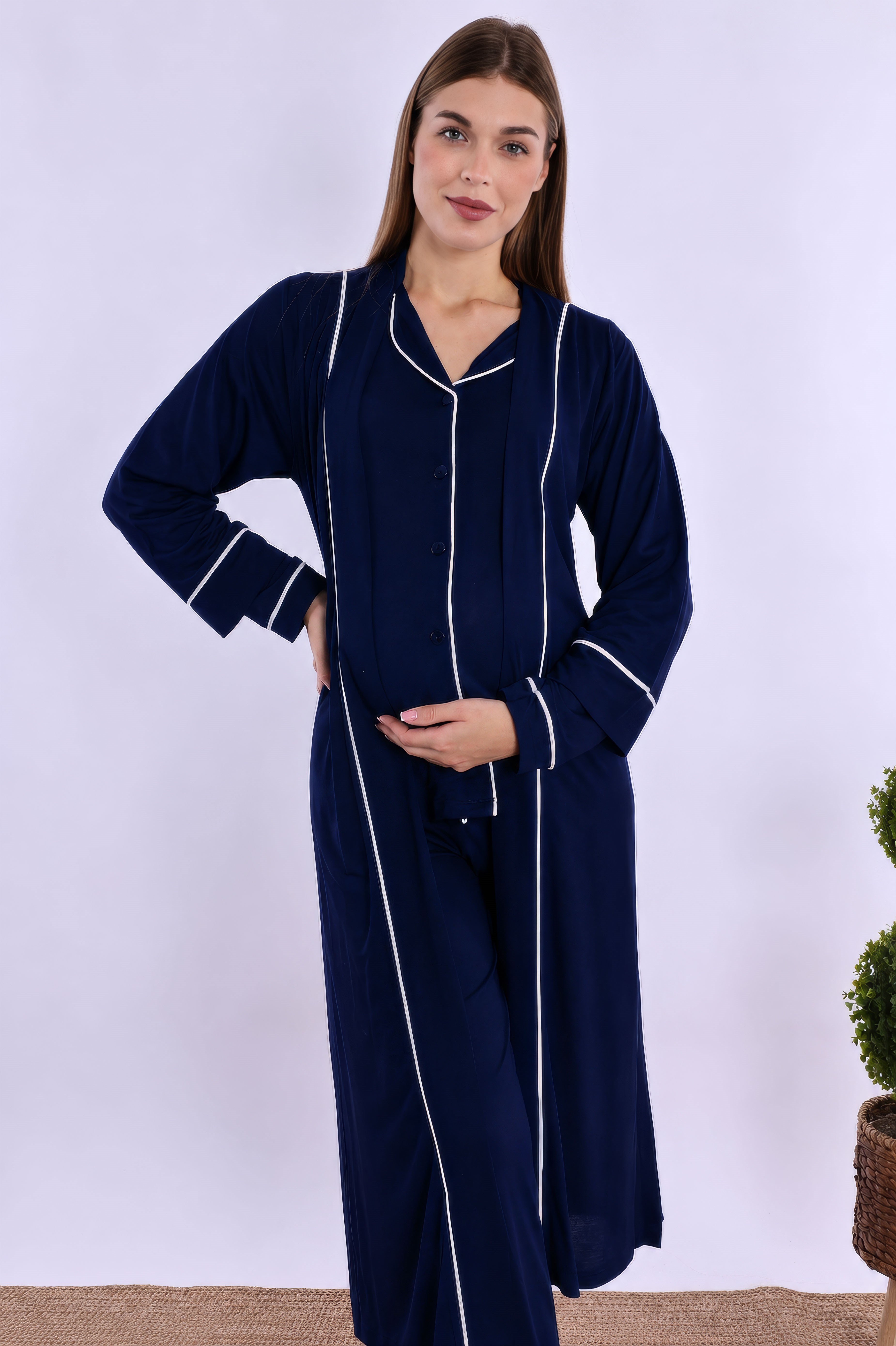 280682 Lacivert Sabahlıklı Hamile Lohusa Pijama Takımı