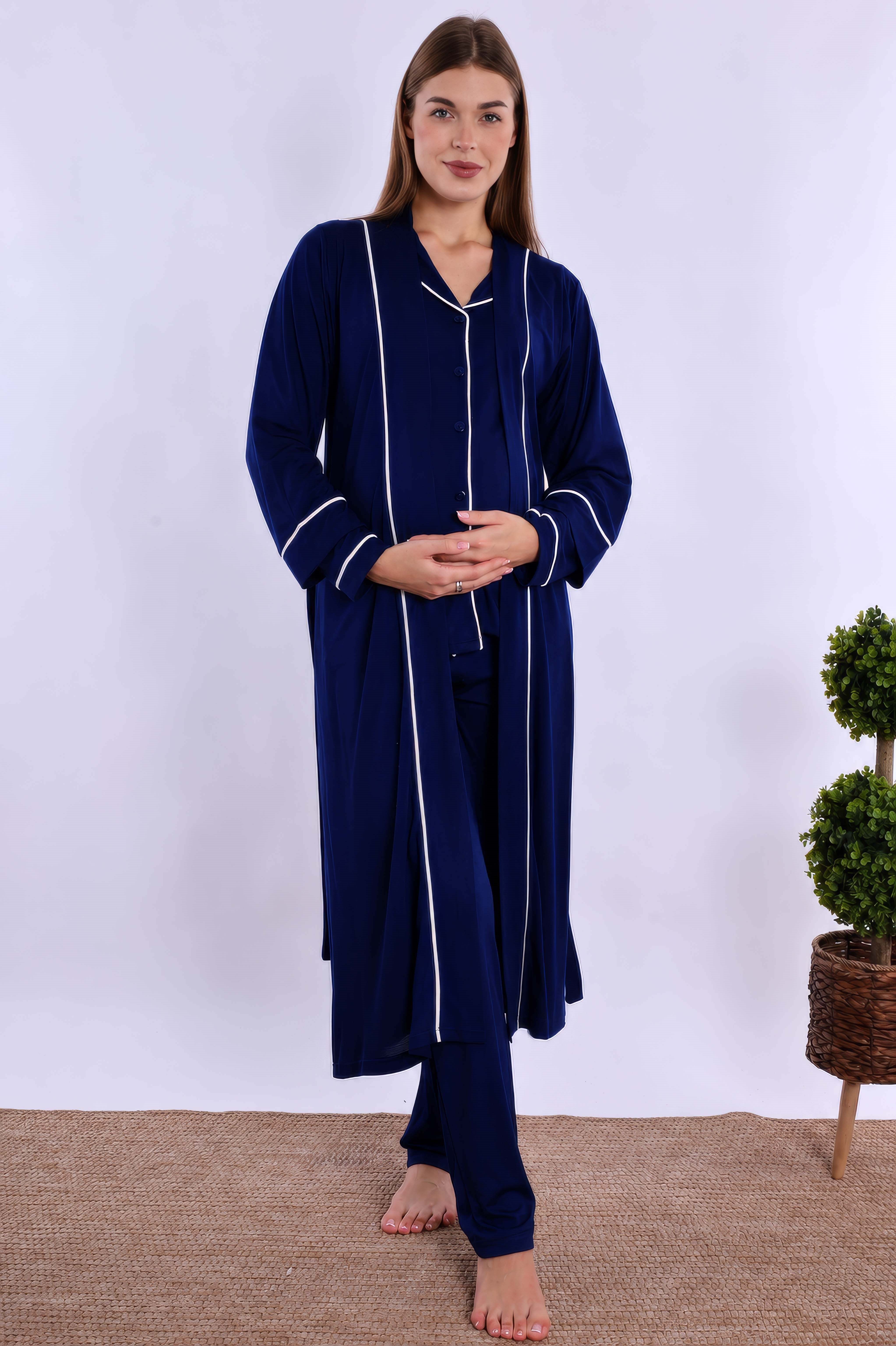 280682 Lacivert Sabahlıklı Hamile Lohusa Pijama Takımı