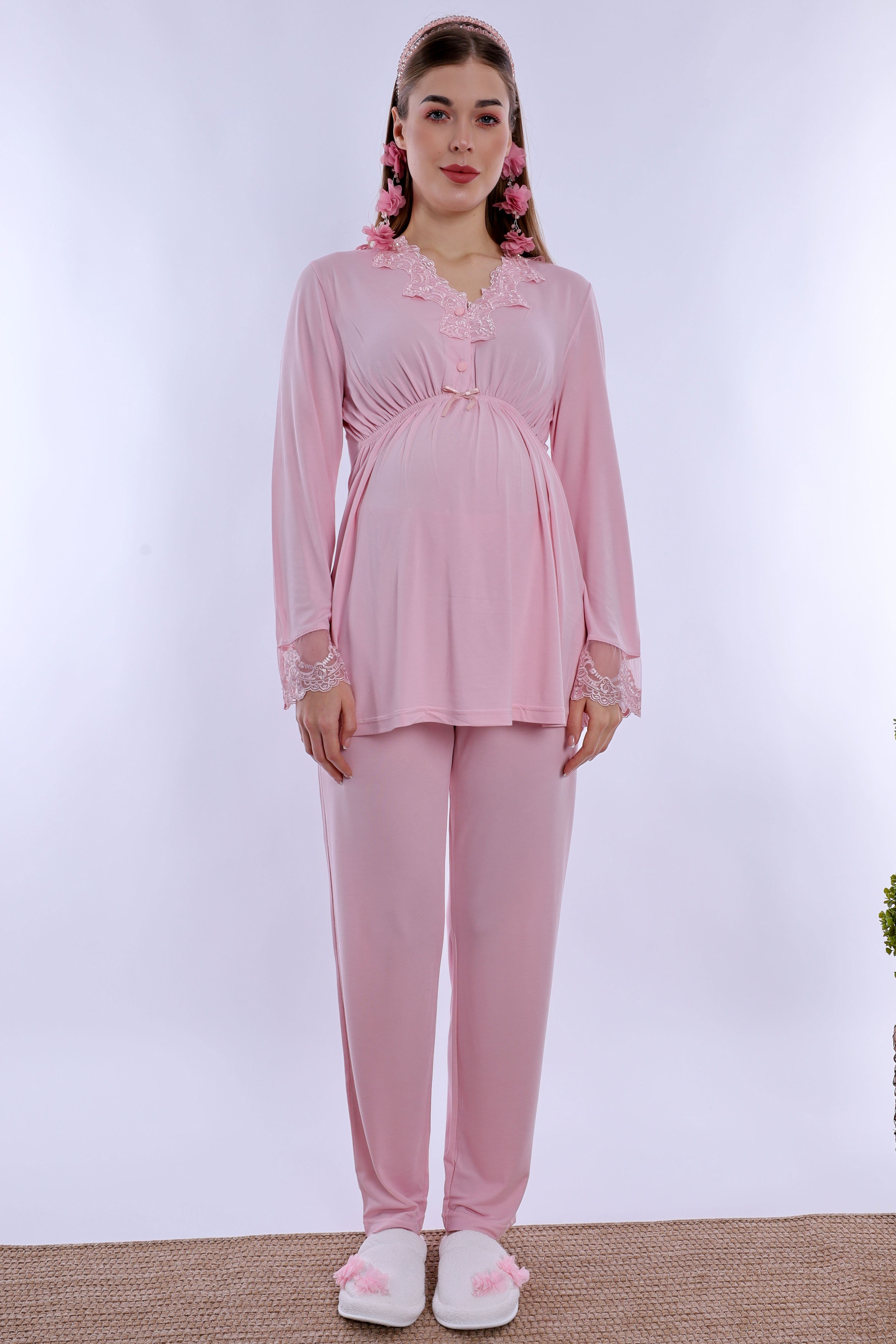 280922 Ayarlanabilir Bel Lastikli Pamuklu Hamile Pijama Takımı - Pudra