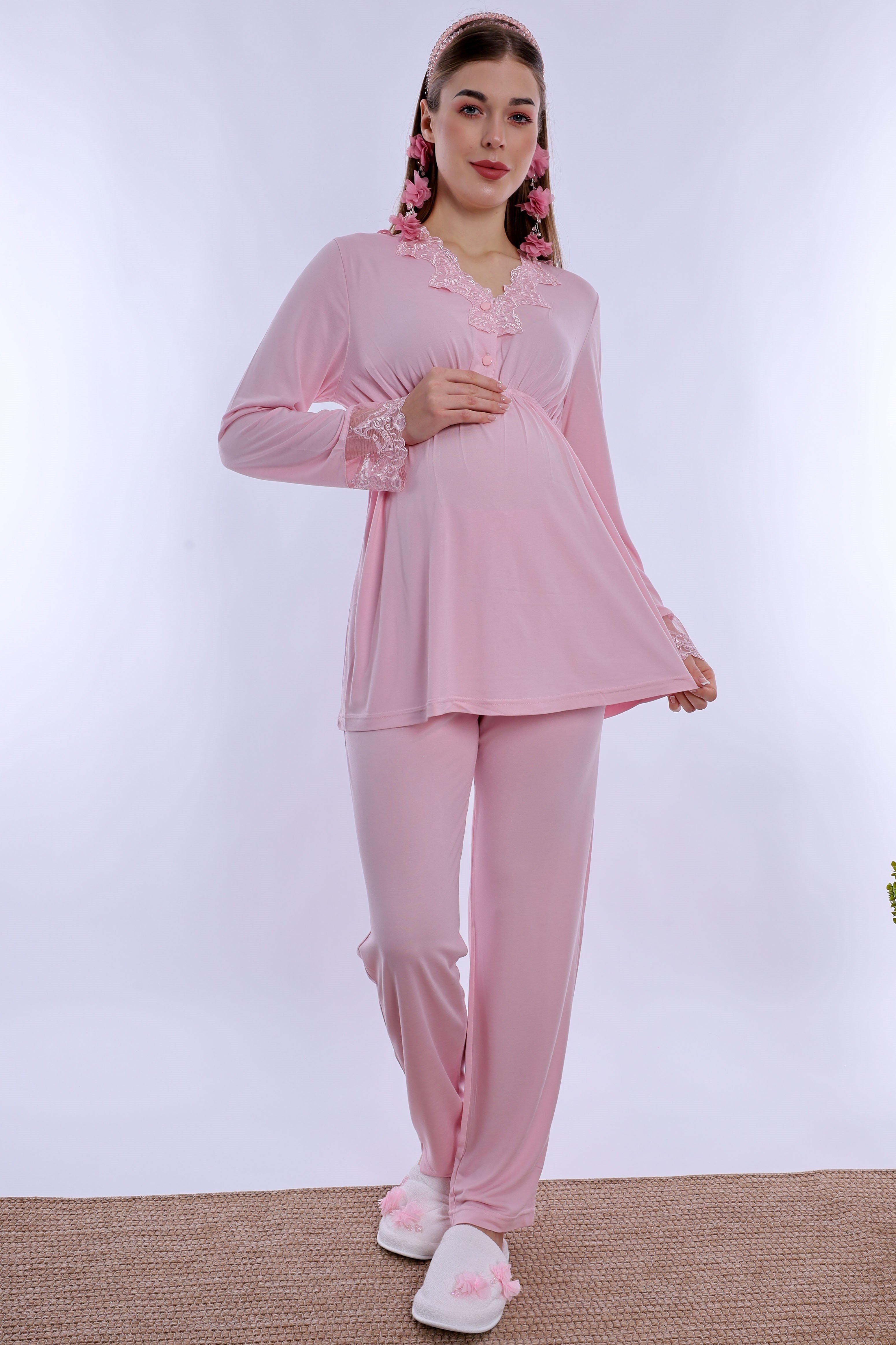 280922 Ayarlanabilir Bel Lastikli Pamuklu Hamile Pijama Takımı - Pudra